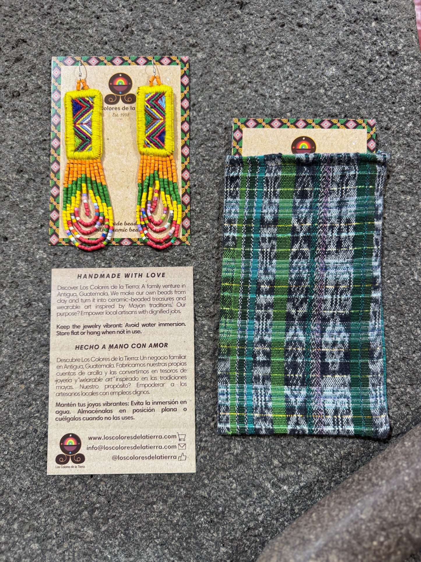 Handmade Beaded Earrings with Ceremonial Textile from Aguacatán and Clay Bead Drops, yellow rectangle