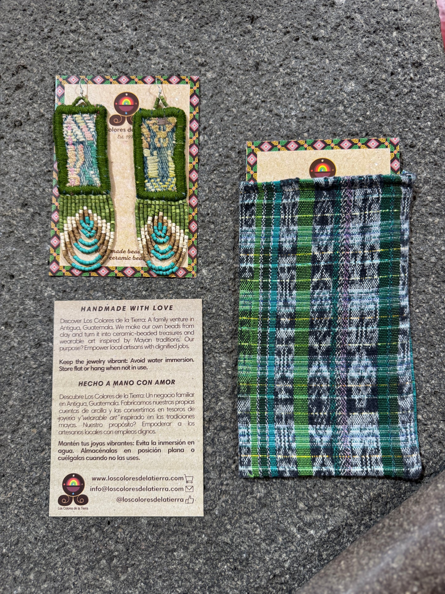 Handmade Beaded Earrings with Vintage Textile from Chichi and Clay Bead Drops, olive rectangle