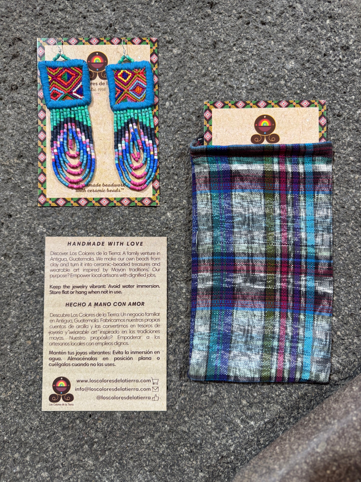 Handmade Beaded Earrings with Ceremonial Textile from Aguacatán and Clay Bead Drops, celeste square