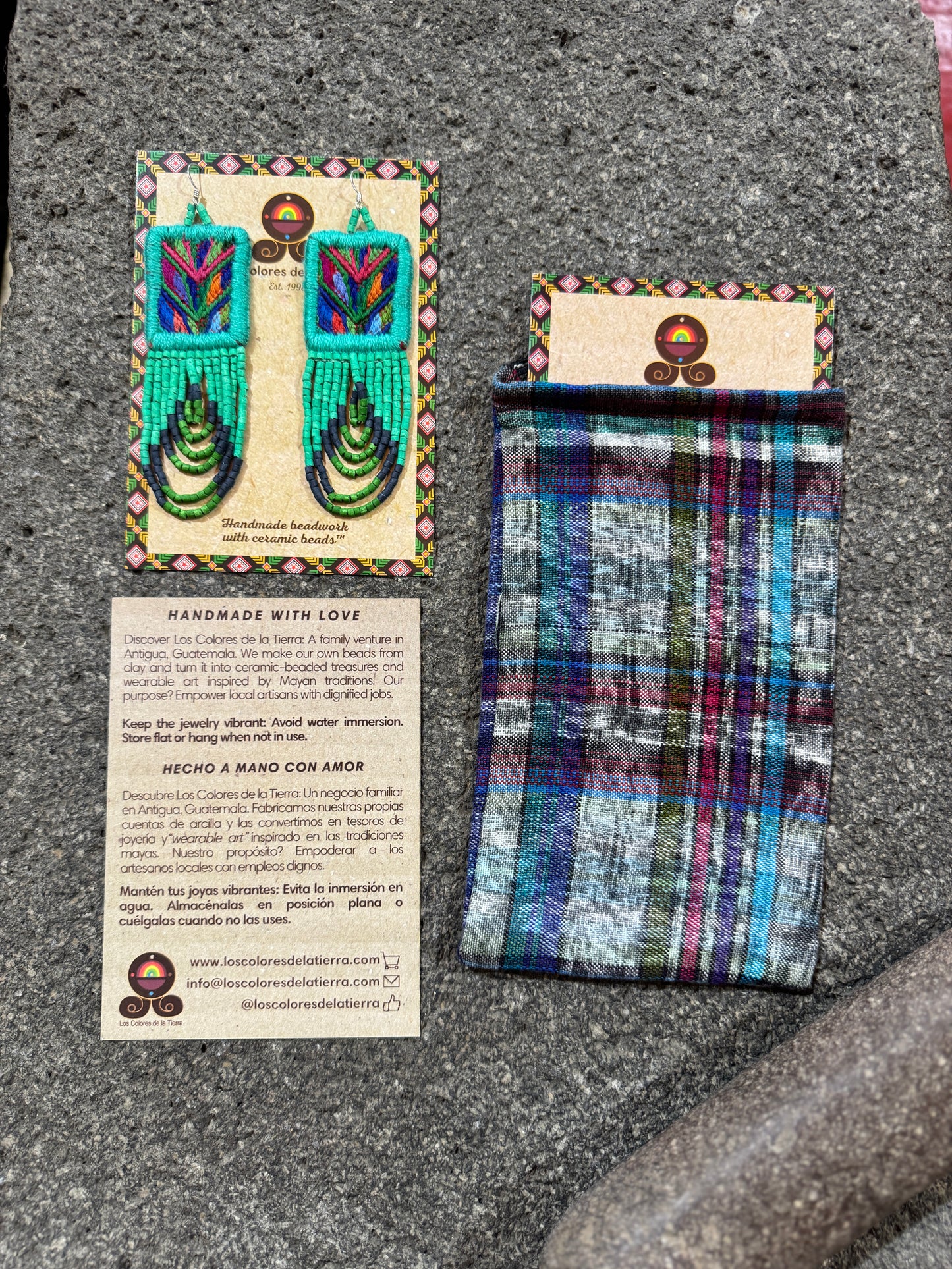 Handmade Beaded Earrings with Ceremonial Textile from Aguacatán and Clay Bead Drops, turquoise square