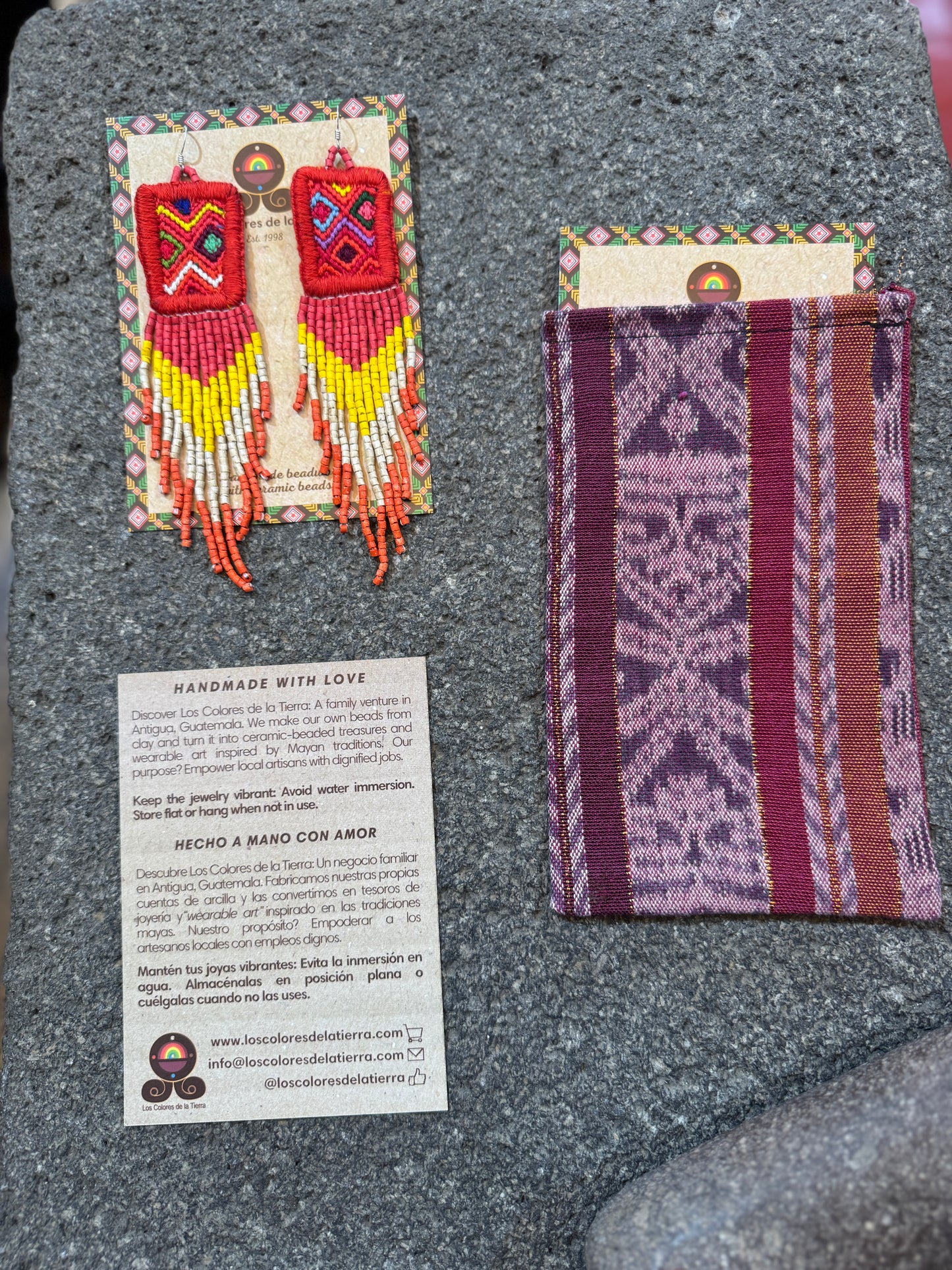 Guatemalan Mayan Textile Statement Earrings with Handmade Clay Beads, red square