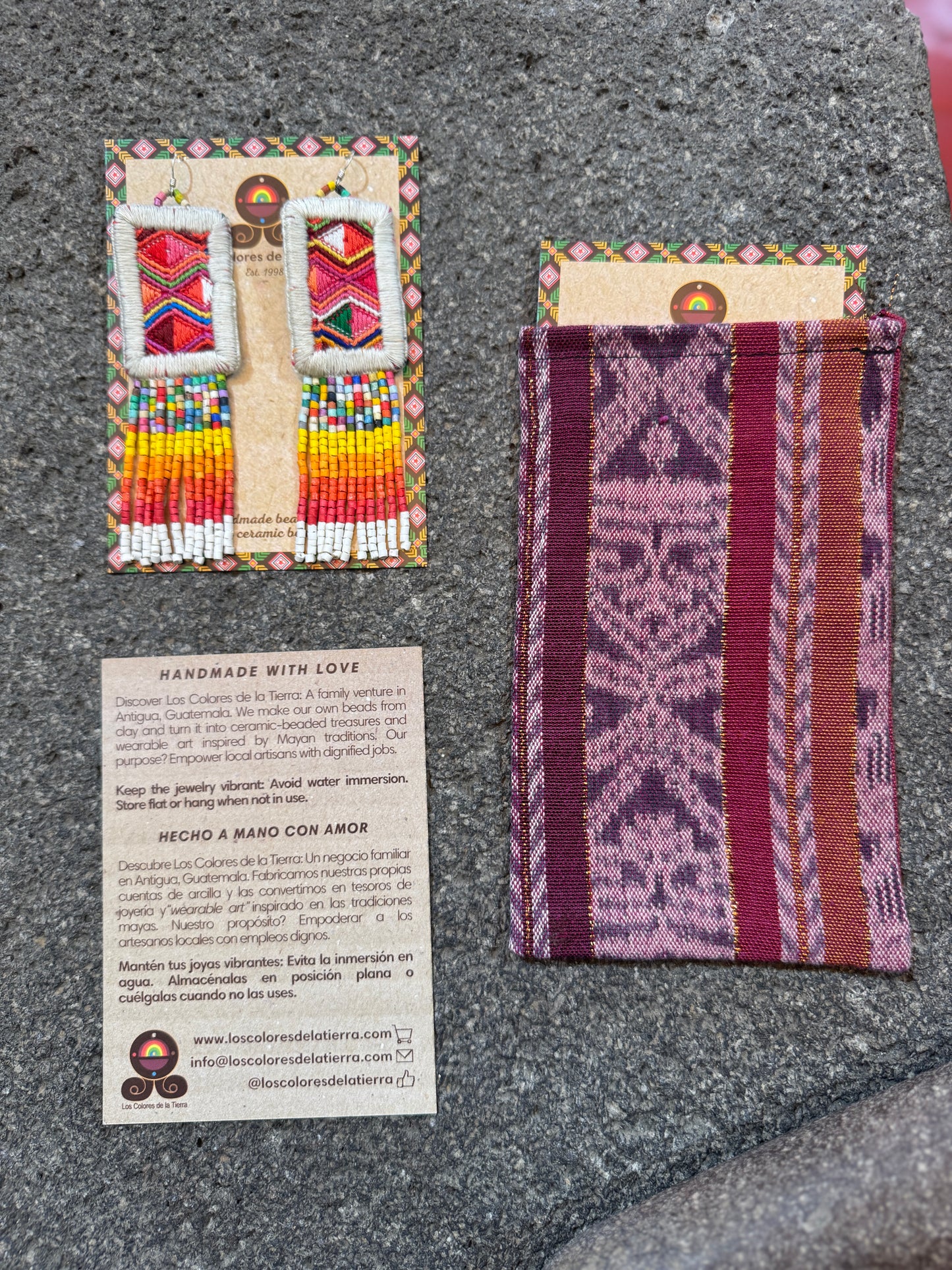 Guatemalan Mayan Textile Statement Earrings with Handmade Clay Beads, medium length, white rectangle