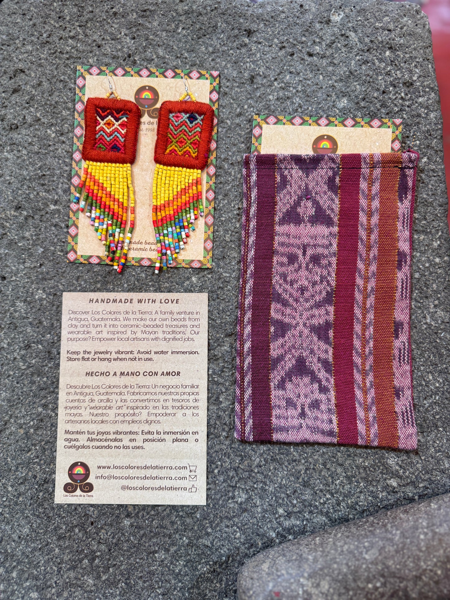 Handmade Statement Earrings with Aguacatán Textile & Graduated Clay Bead Fringe, burnt orange square