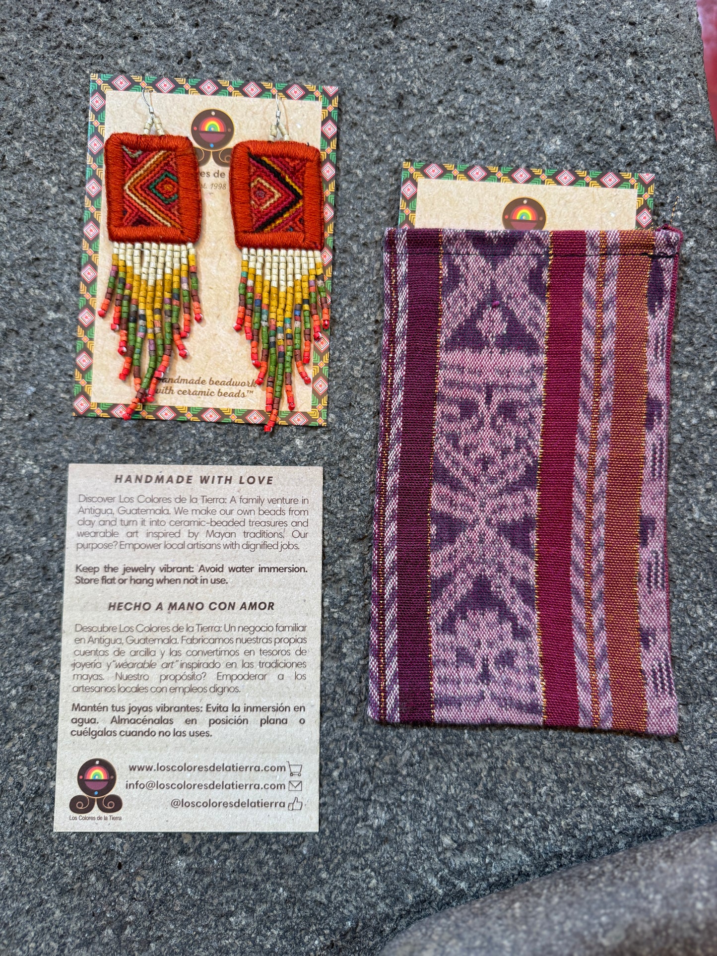 Guatemalan Mayan Textile Statement Earrings with Handmade Clay Beads, dark orange square