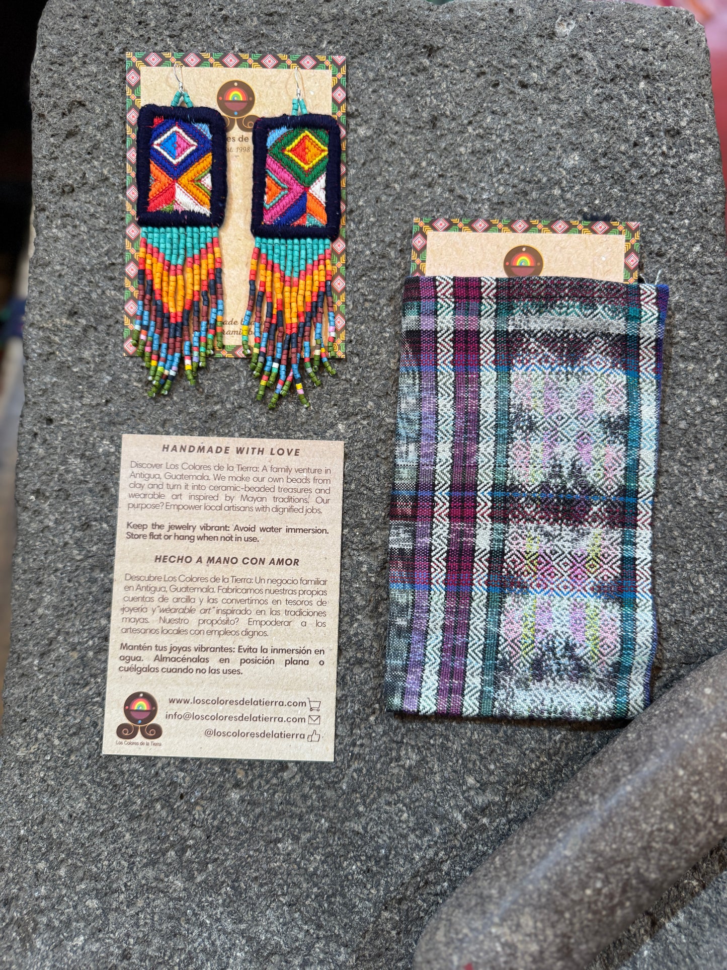 Guatemalan Mayan Textile Statement Earrings with Handmade Clay Beads, dark blue zigzag