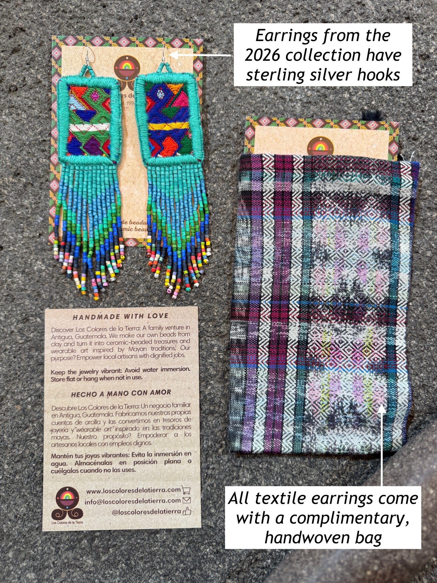 Handmade Guatemalan Embroidered Blue Bird Earrings with Clay Bead Fringes and Silver Hooks, white