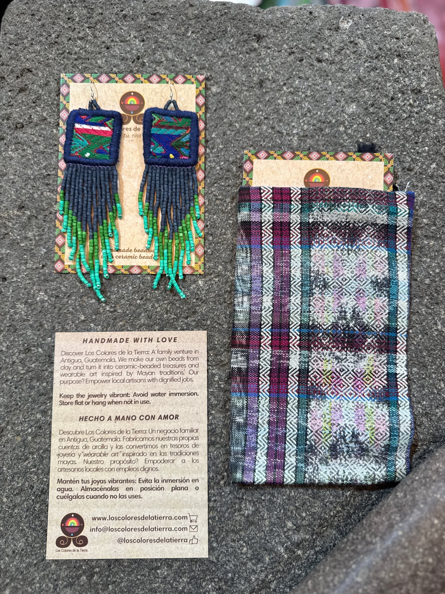 Guatemalan Mayan Textile Statement Earrings with Handmade Clay Beads, navy square