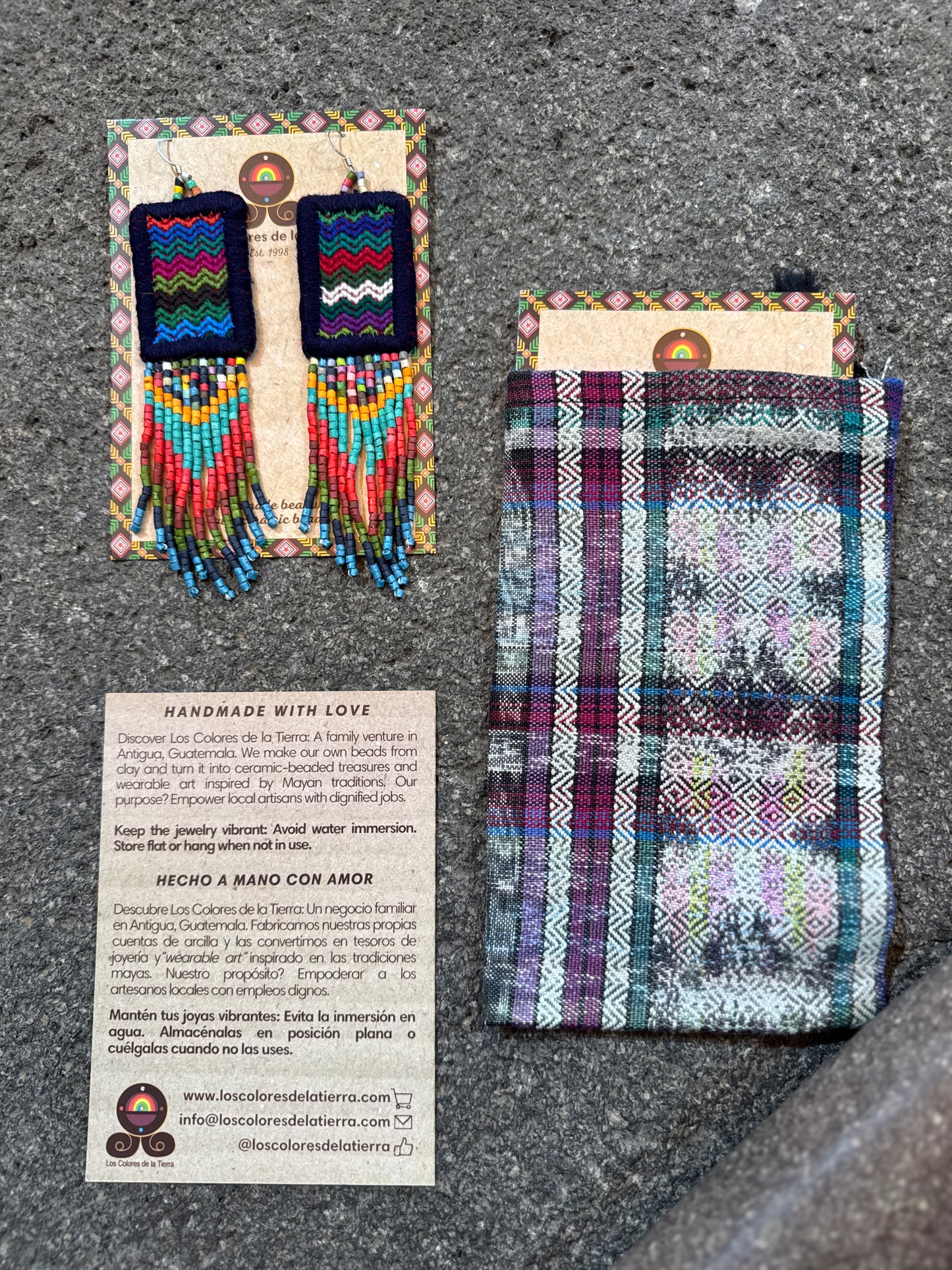 Guatemalan Mayan Textile Statement Earrings with Handmade Clay Beads, dark blue rectangle