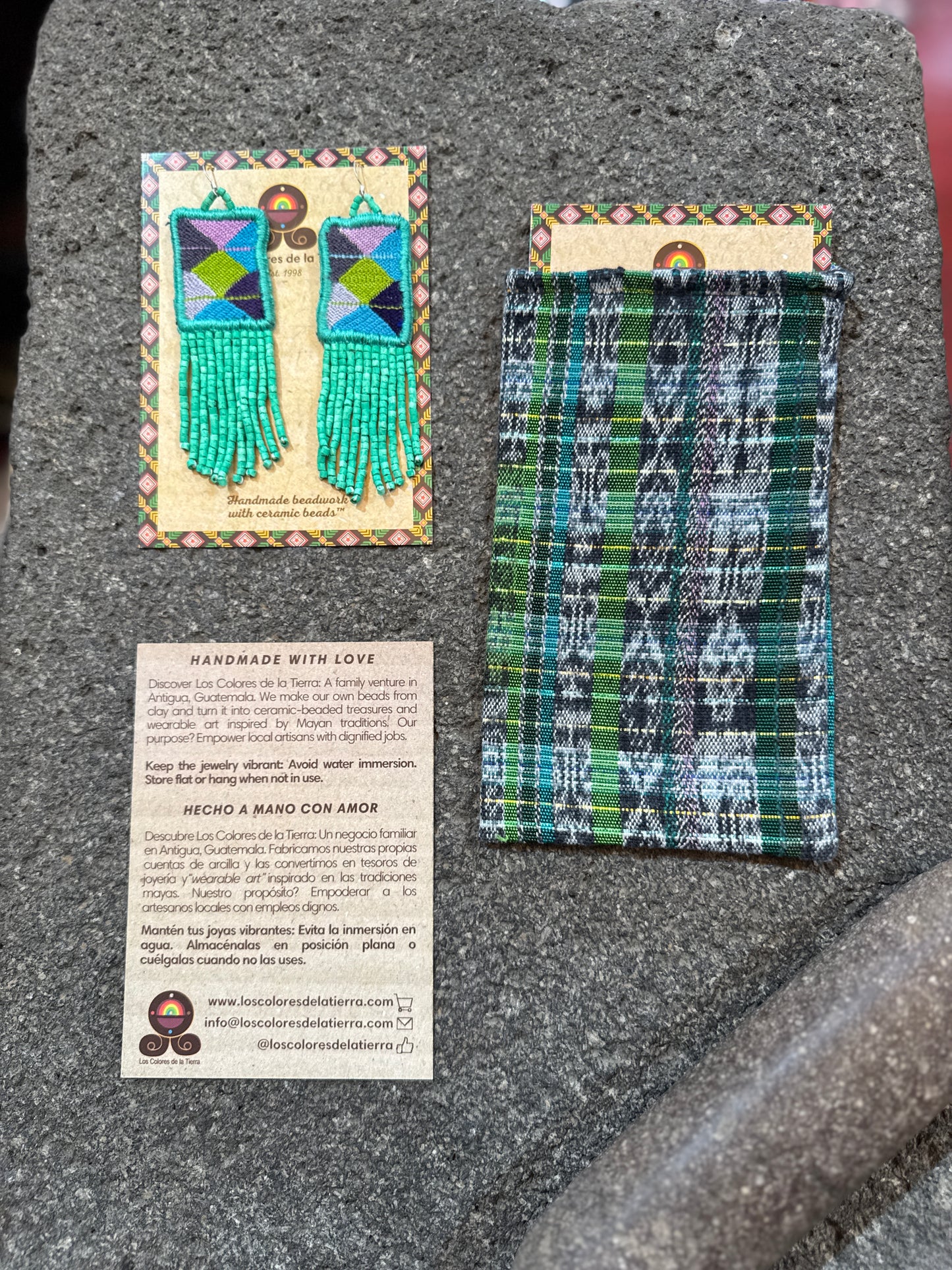 Guatemalan Mayan Textile Statement Earrings with Handmade Clay Beads, medium length, pastels