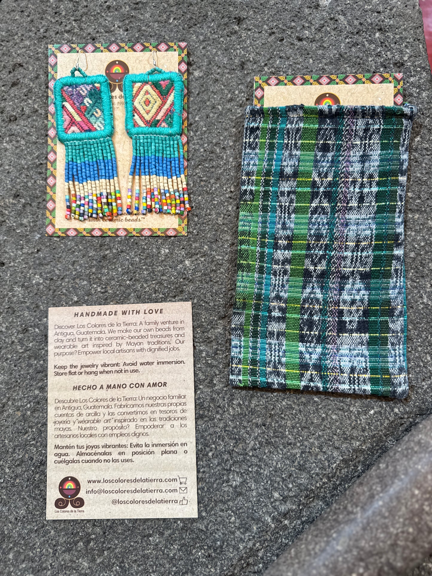 Guatemalan Mayan Textile Statement Earrings with Handmade Clay Beads, medium length turquoise square
