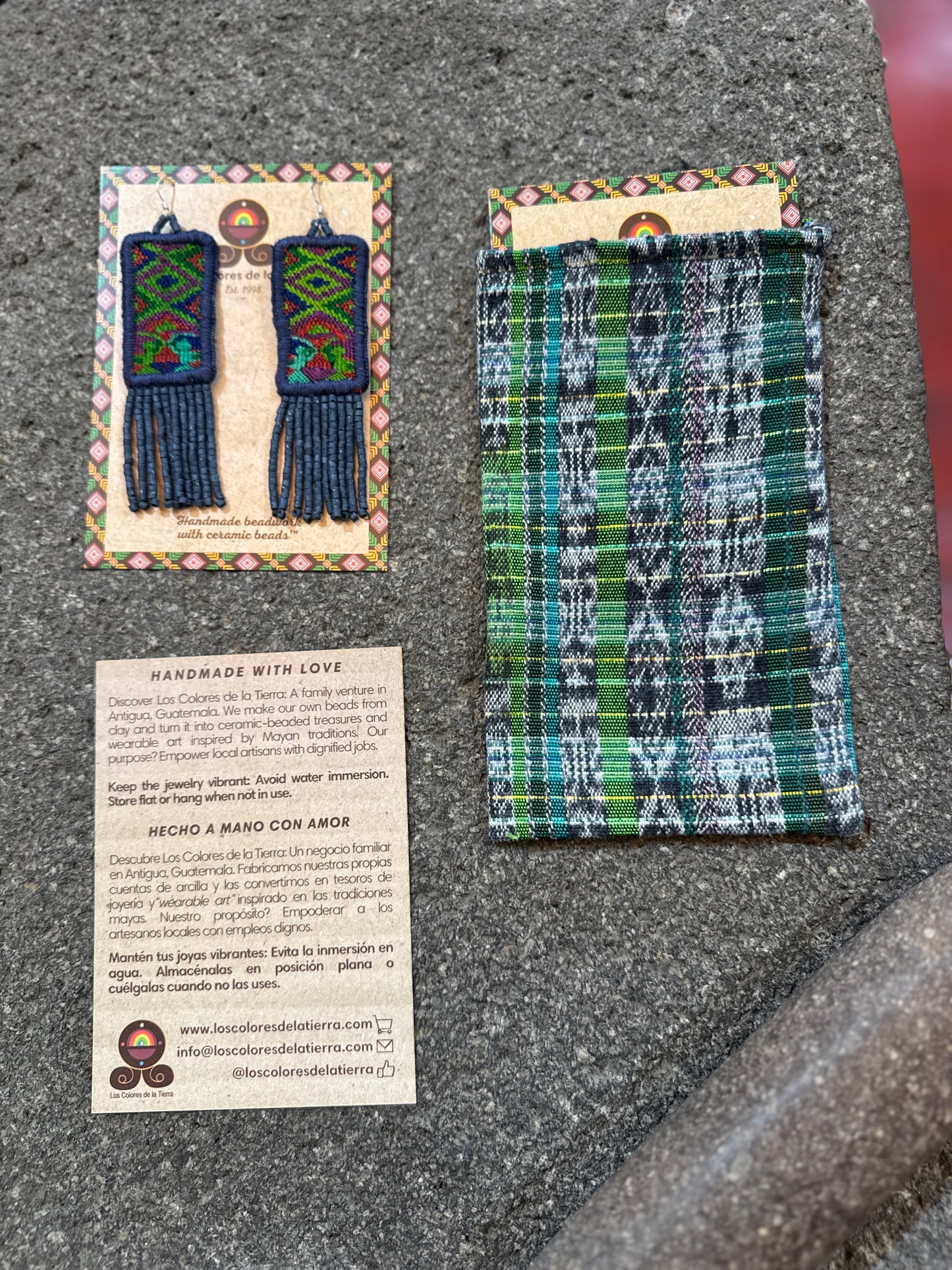 Guatemalan Mayan Textile Statement Earrings with Handmade Clay Beads, medium length, navy rectangle