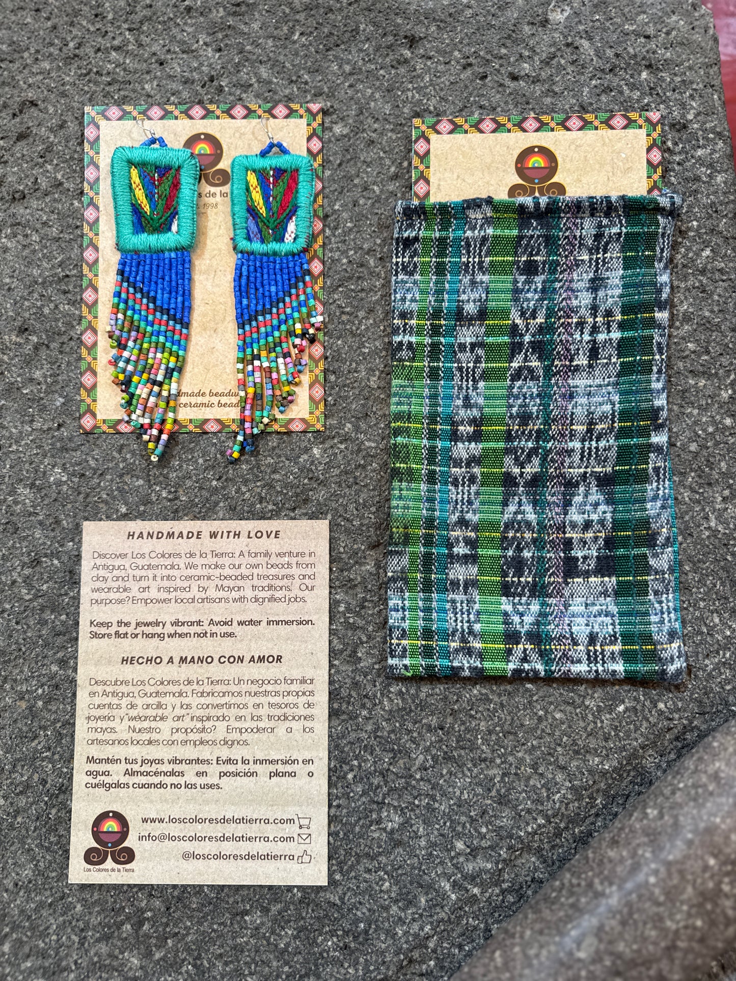 Handmade Statement Earrings with Aguacatán Textile & Graduated Clay Bead Fringe, turquoise square