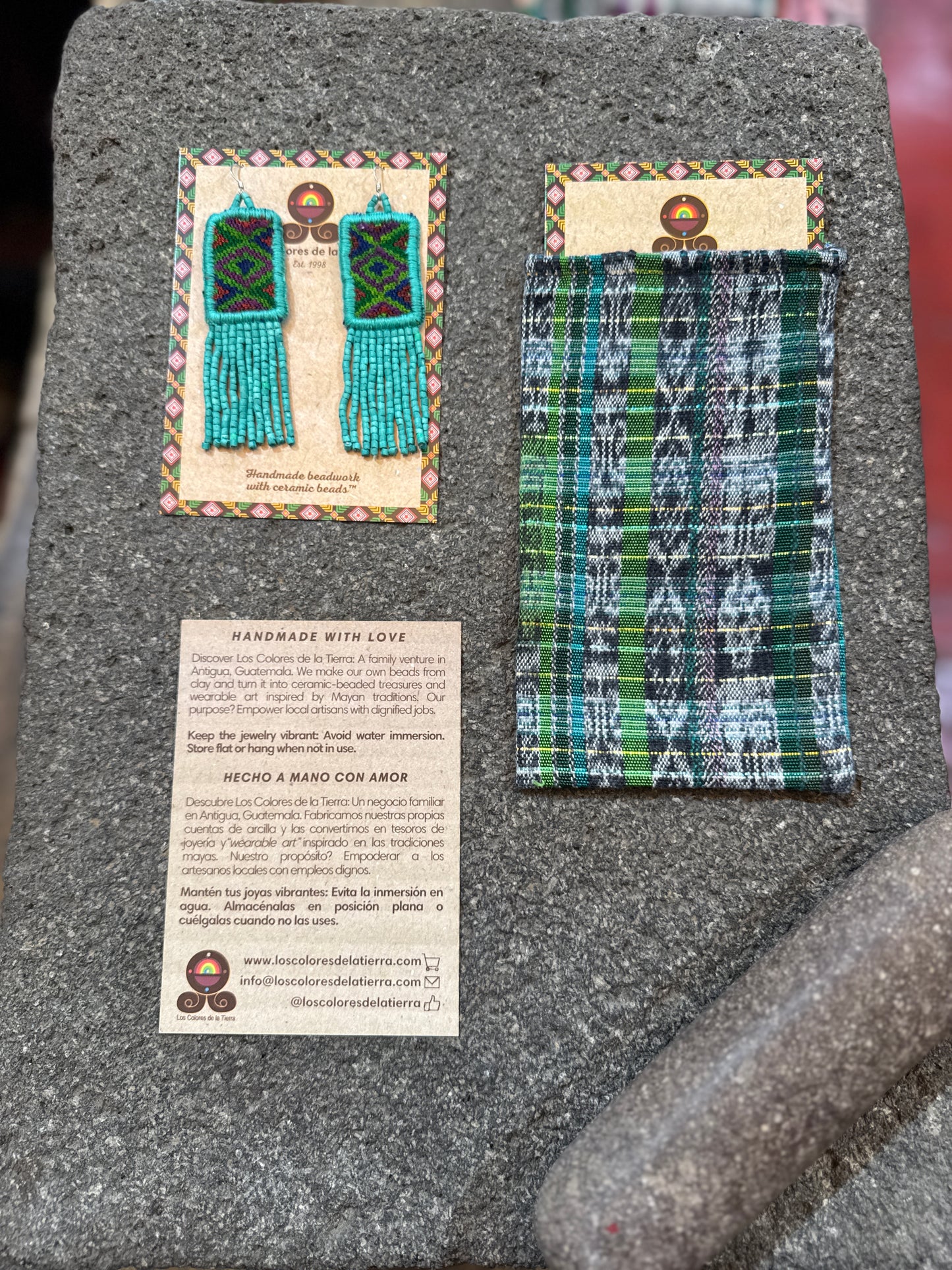 Guatemalan Mayan Textile Statement Earrings with Handmade Clay Beads, medium length, turquoise rectangle