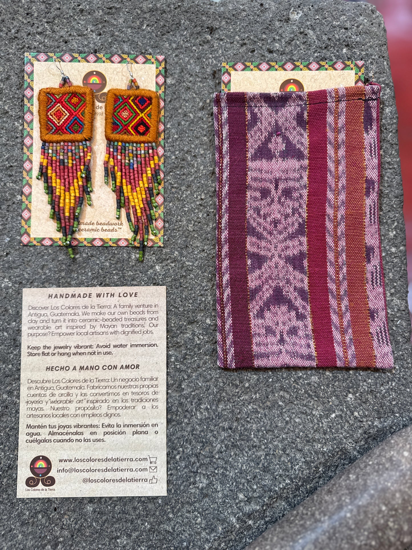 Guatemalan Mayan Textile Statement Earrings with Handmade Clay Beads, burnt orange square