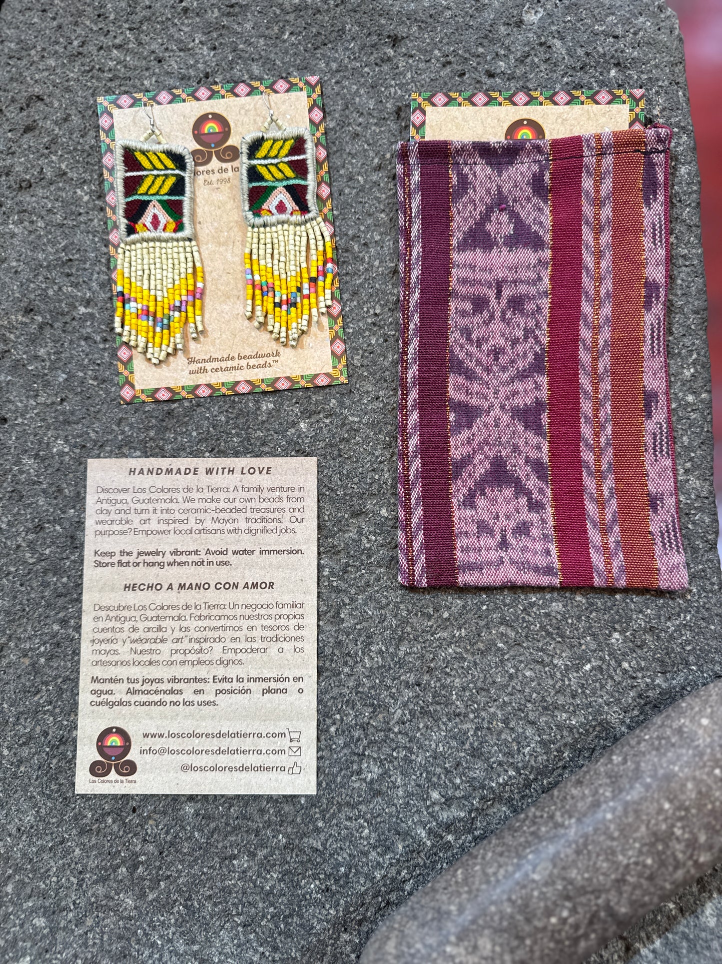 Guatemalan Mayan Textile Statement Earrings with Handmade Clay Beads, medium length, beige rectangle