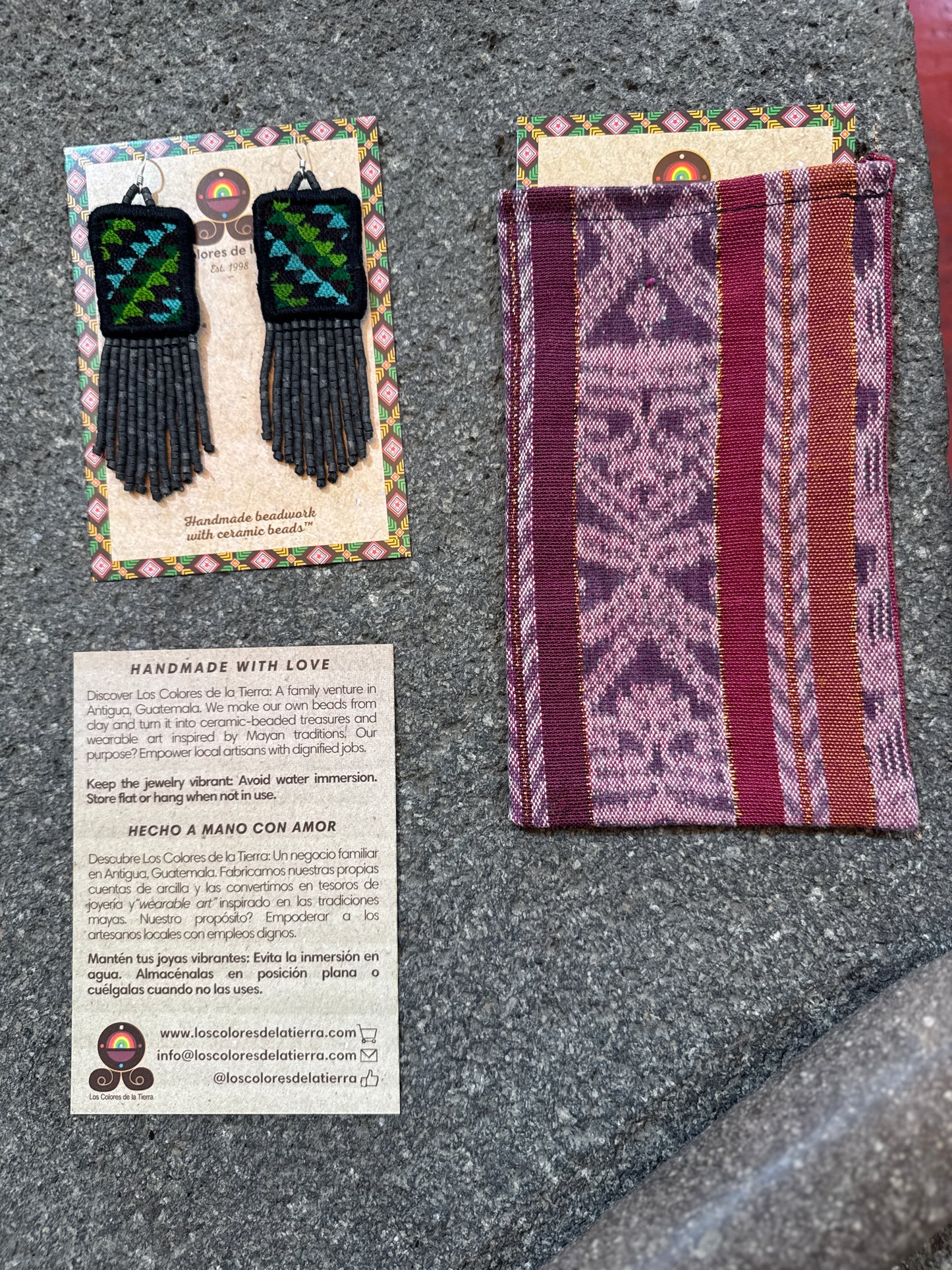 Guatemalan Mayan Textile Statement Earrings with Handmade Clay Beads, medium length, black rectangle