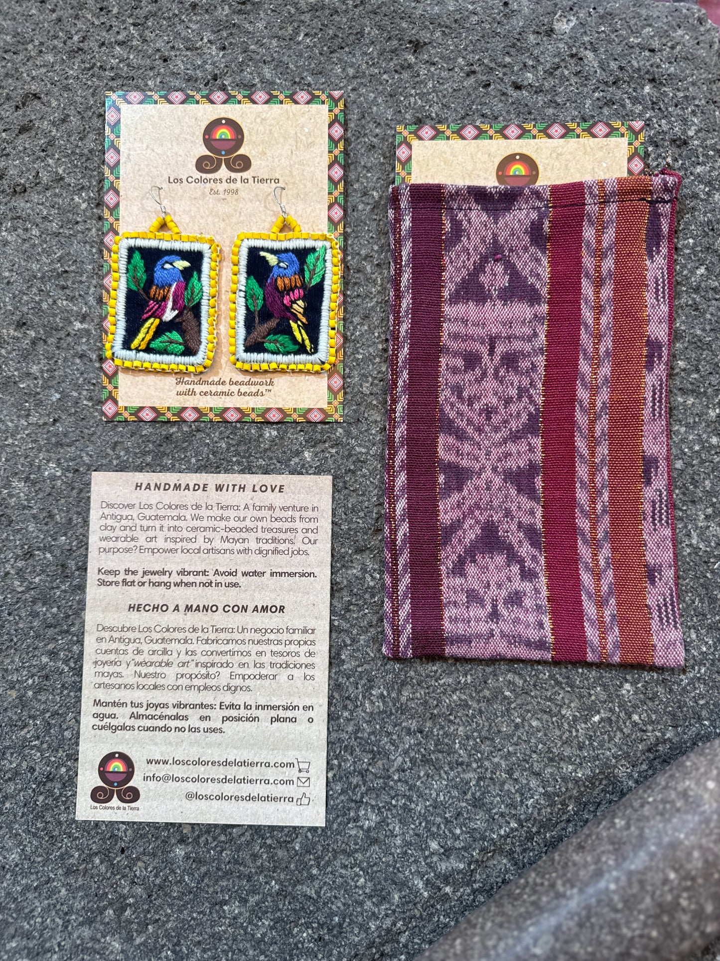 Artisan Guatemalan Embroidered Quetzal Inspired Bird Earrings with Ceramic Clay Beads and Silver Hooks, yellow