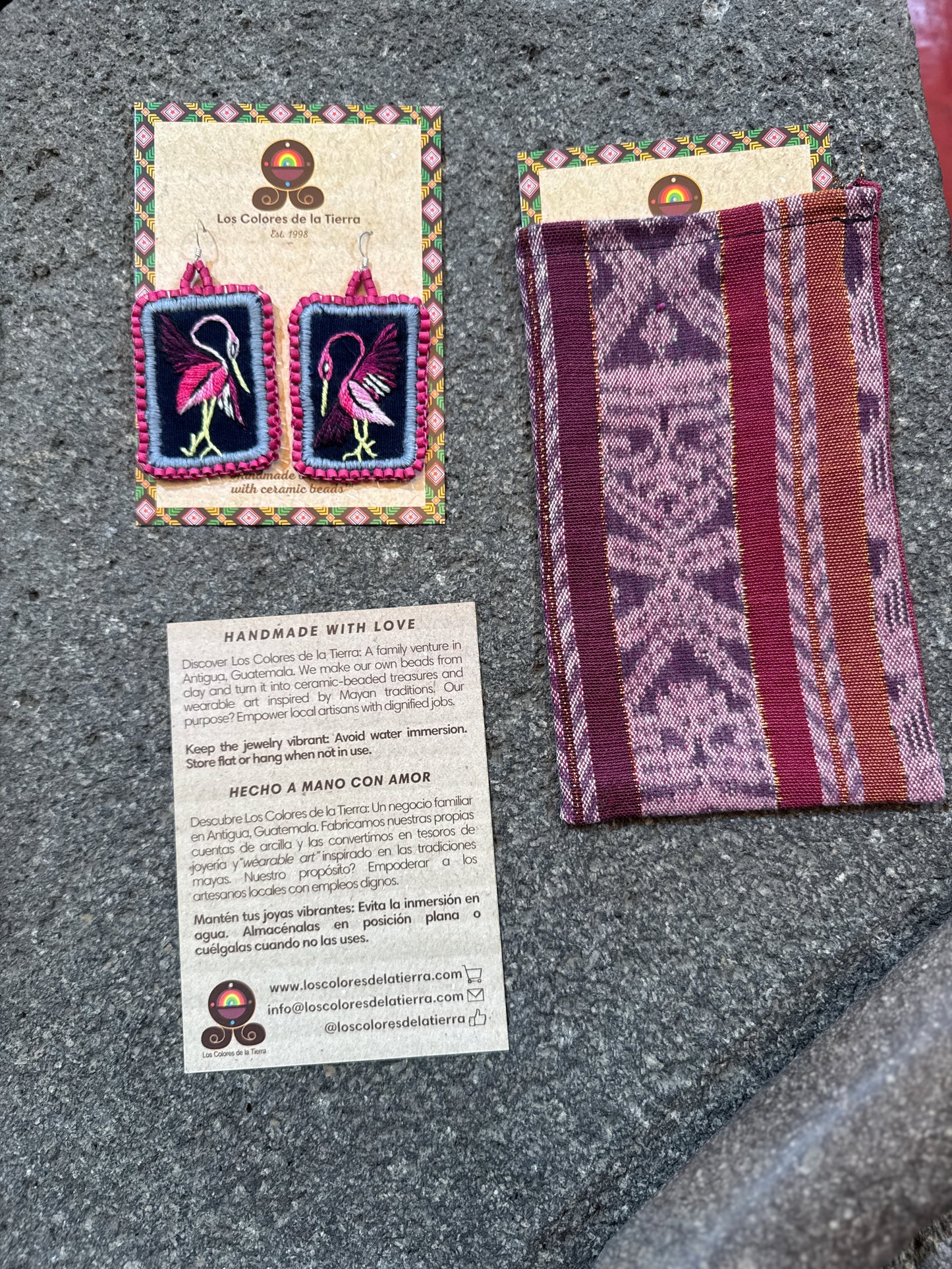 Artisan Guatemalan Embroidered Flamingo Bird Earrings with Ceramic Clay Beads and Silver Hooks, hot pink