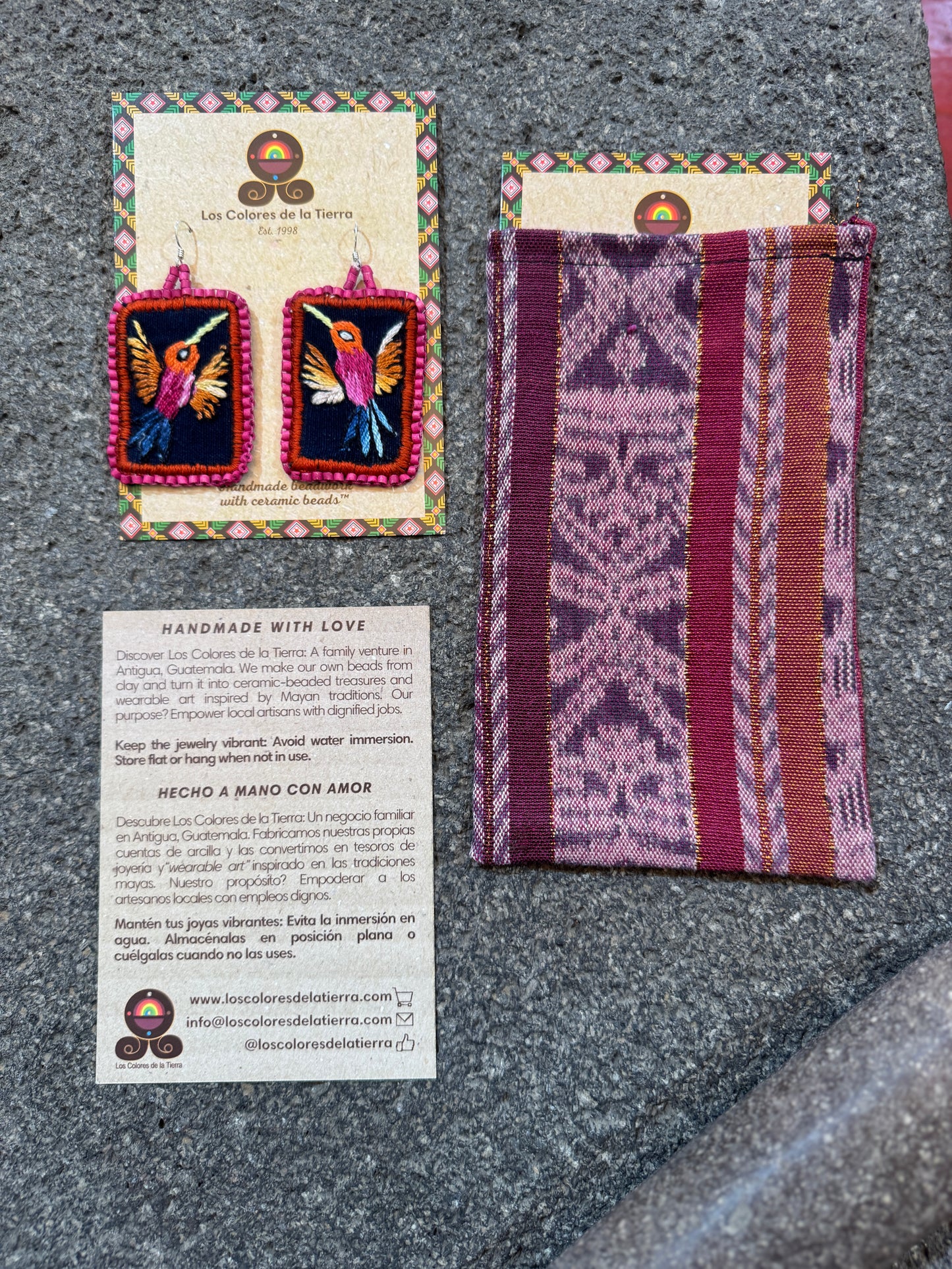 Artisan Guatemalan Embroidered Hummingbird Colibri Bird Earrings with Ceramic Clay Beads and Silver Hooks, hot pink