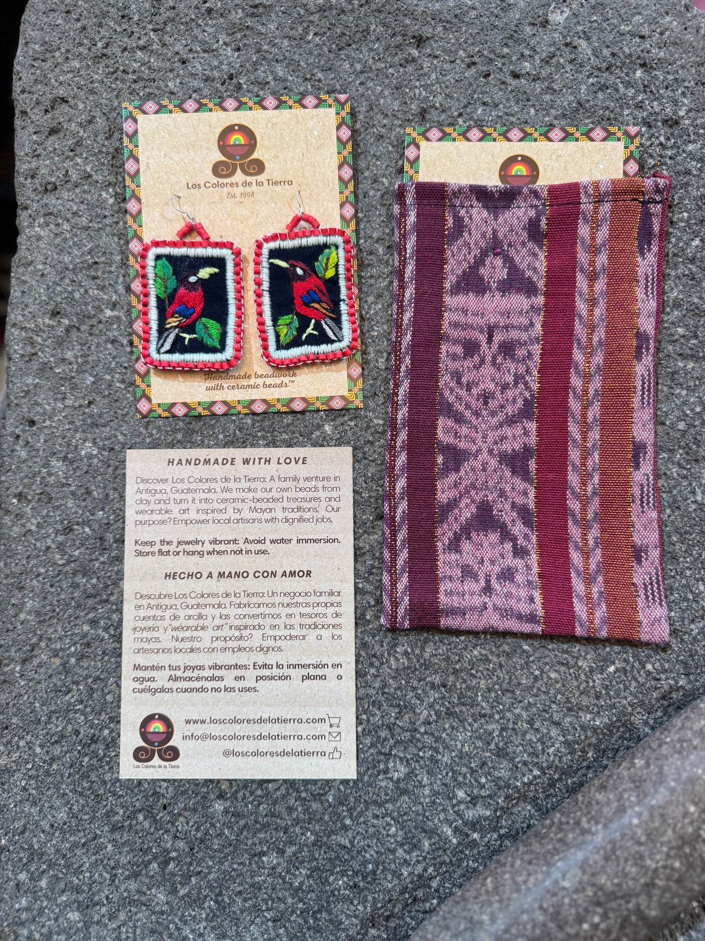 Artisan Guatemalan Embroidered Tanager Bird Earrings with Ceramic Clay Beads and Silver Hooks, ruby red