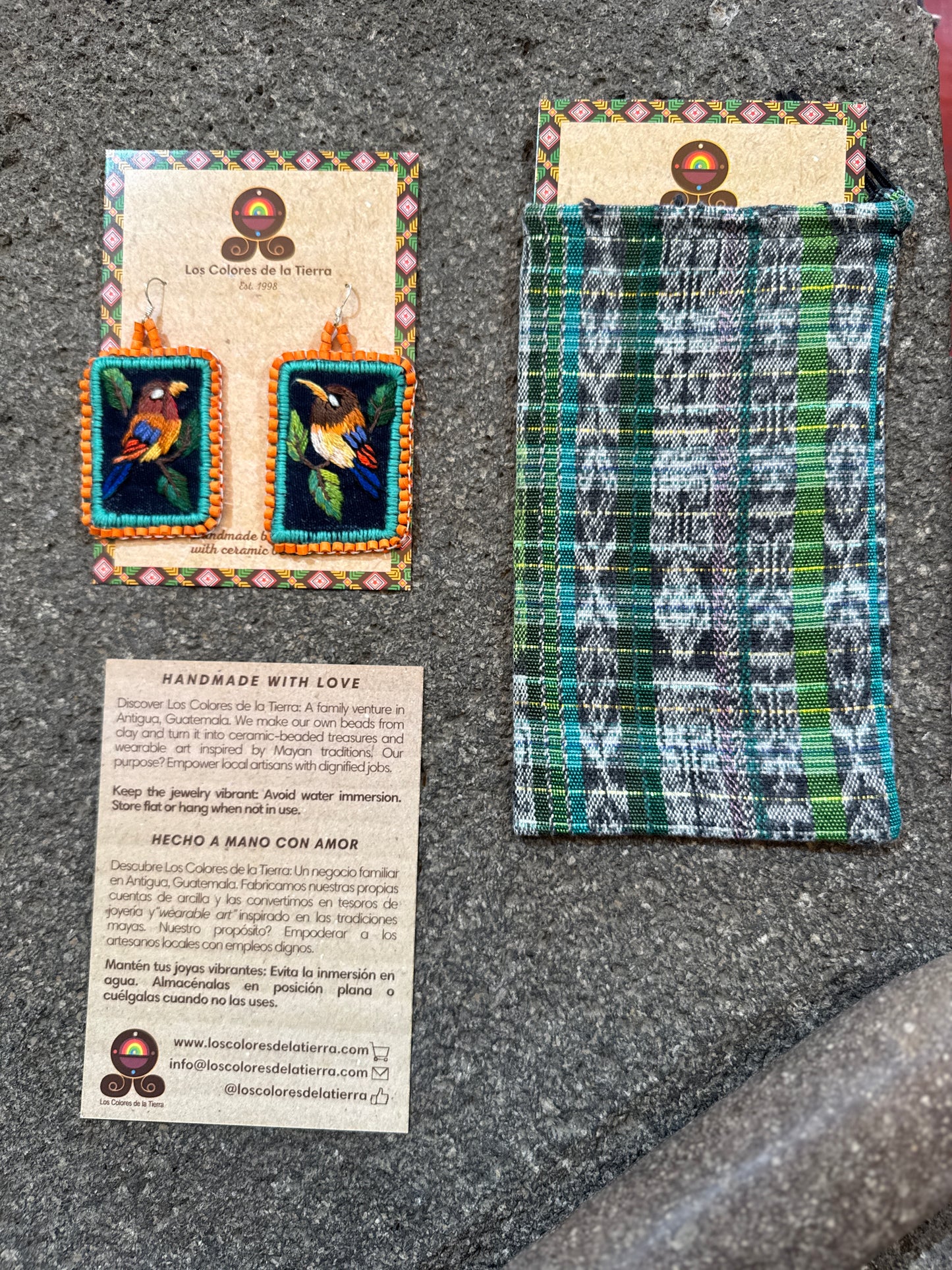 Artisan Guatemalan Embroidered Kingfisher Inspired Bird Earrings with Ceramic Clay Beads and Silver Hooks, orange