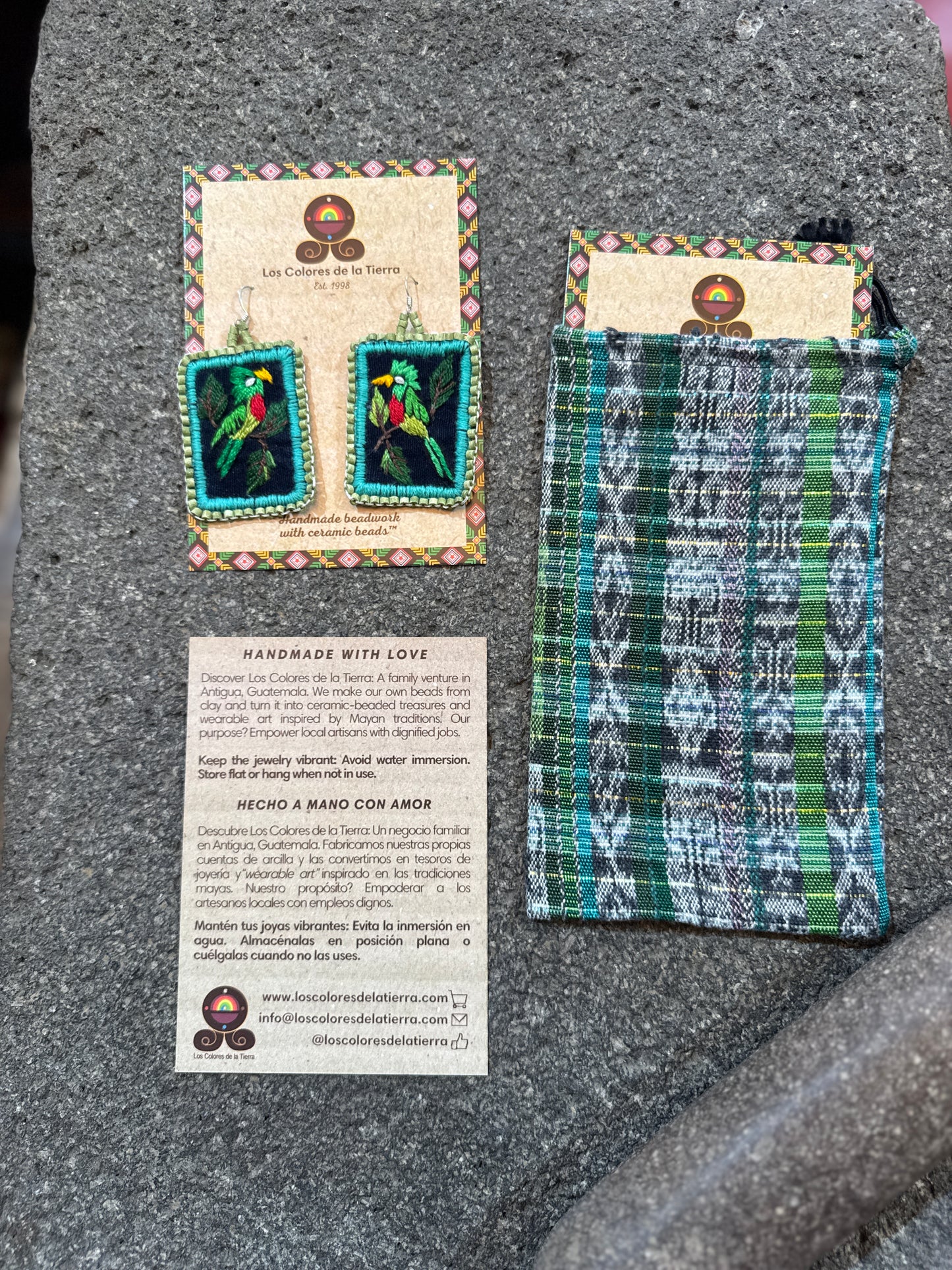 Artisan Guatemalan Embroidered Quetzal Mohawk Bird Earrings with Ceramic Clay Beads and Silver Hooks, light green