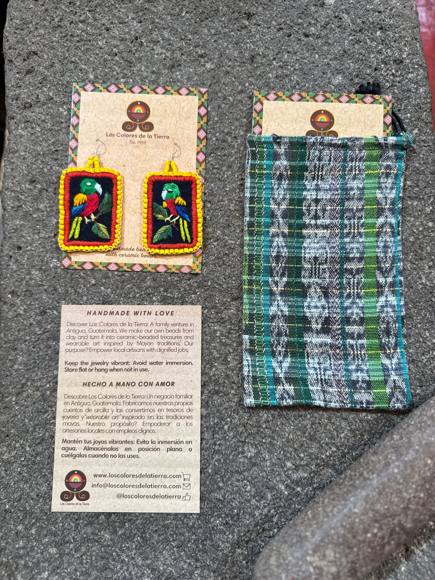 Artisan Guatemalan Embroidered Parrot Bird Earrings with Ceramic Clay Beads and Silver Hooks, yellow