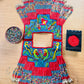 Handmade Poncho with Hand-Embroidered Birds and Beaded Fringes - Red Denim
