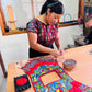 Handmade Poncho with Hand-Embroidered Birds and Beaded Fringes - Red Denim
