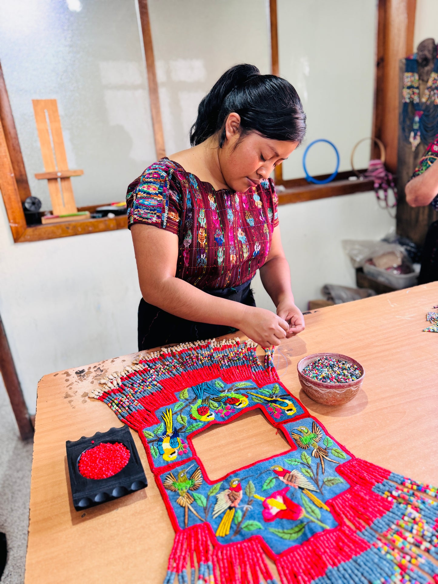 Handmade Poncho with Hand-Embroidered Birds and Beaded Fringes - Red Denim