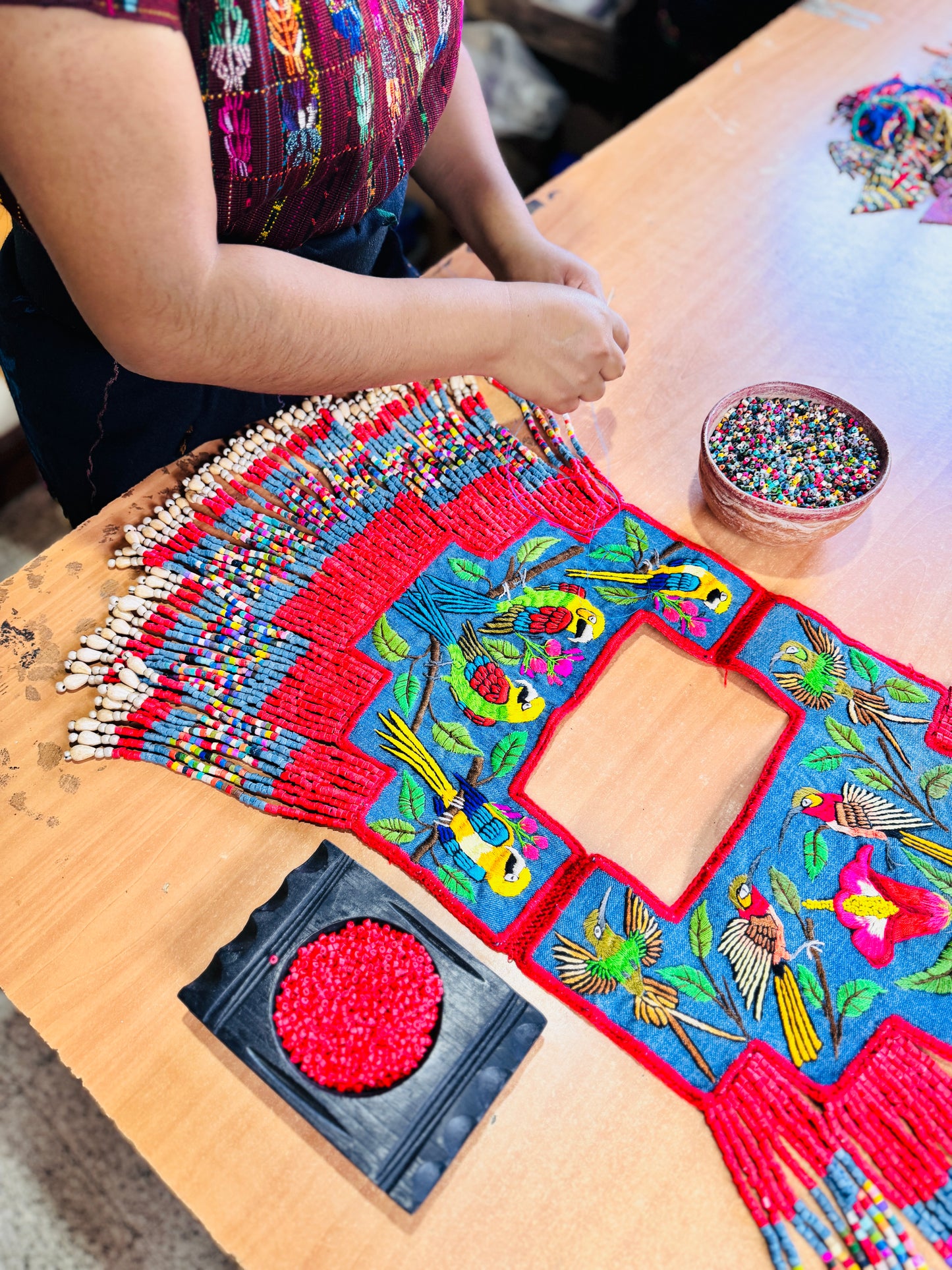 Handmade Poncho with Hand-Embroidered Birds and Beaded Fringes - Red Denim