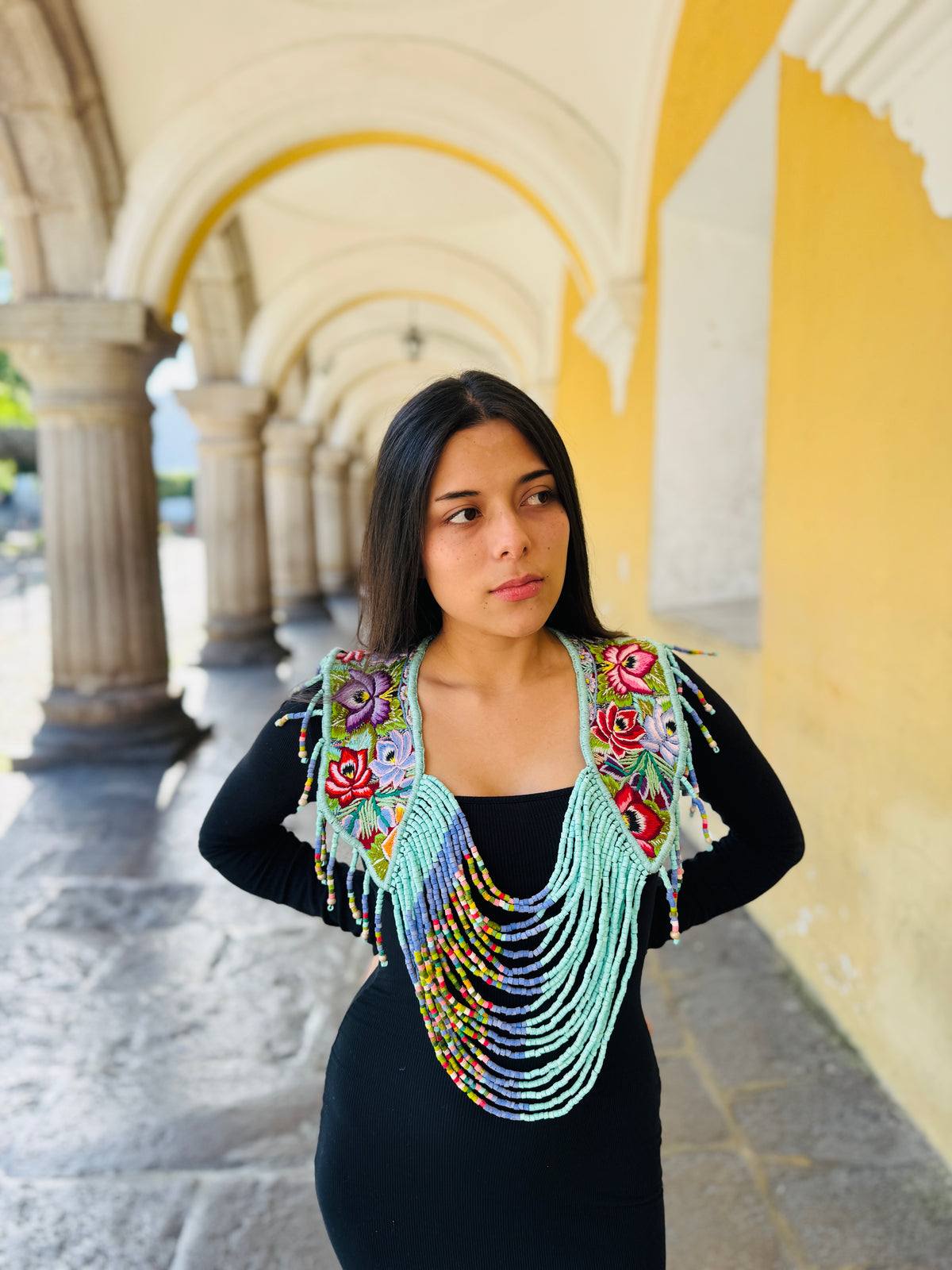 Shoulder Cape with Draped Beads - Huipil Capa Jardin de Lavanda