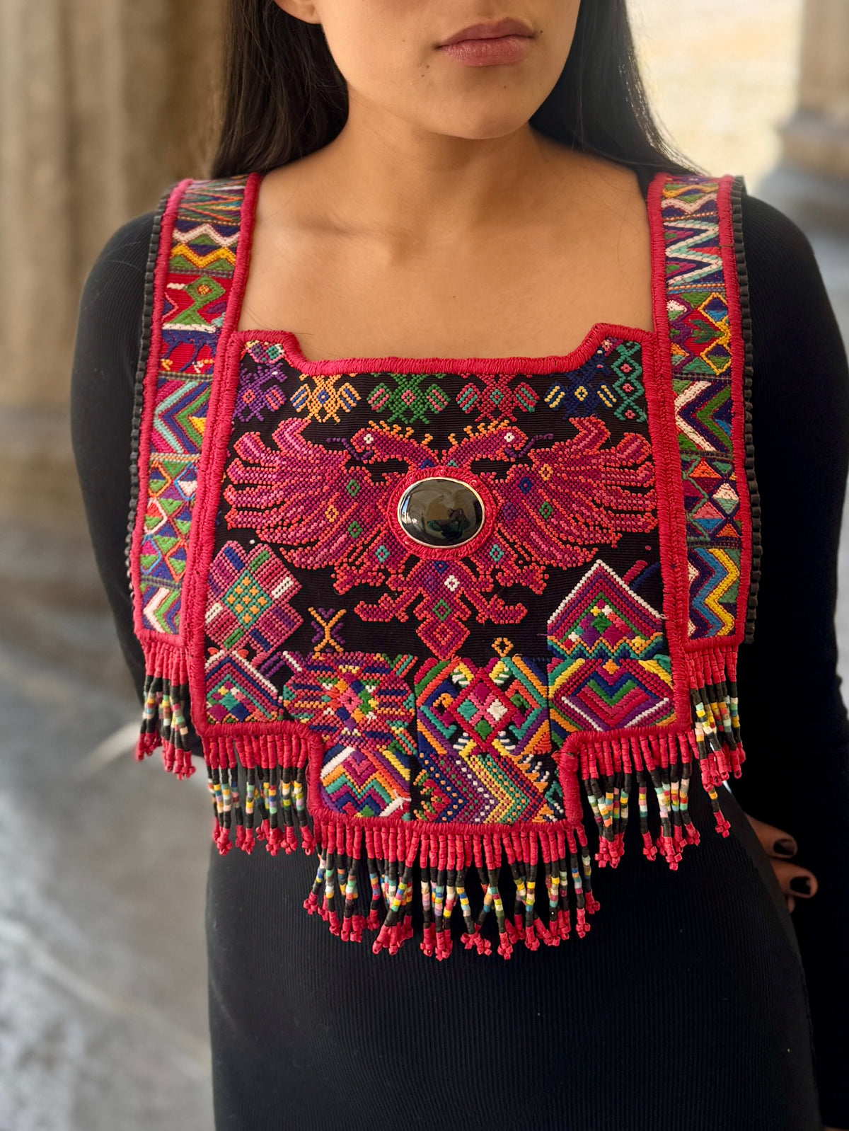 Chichicastenango Woven Textile Poncho with Black Jade