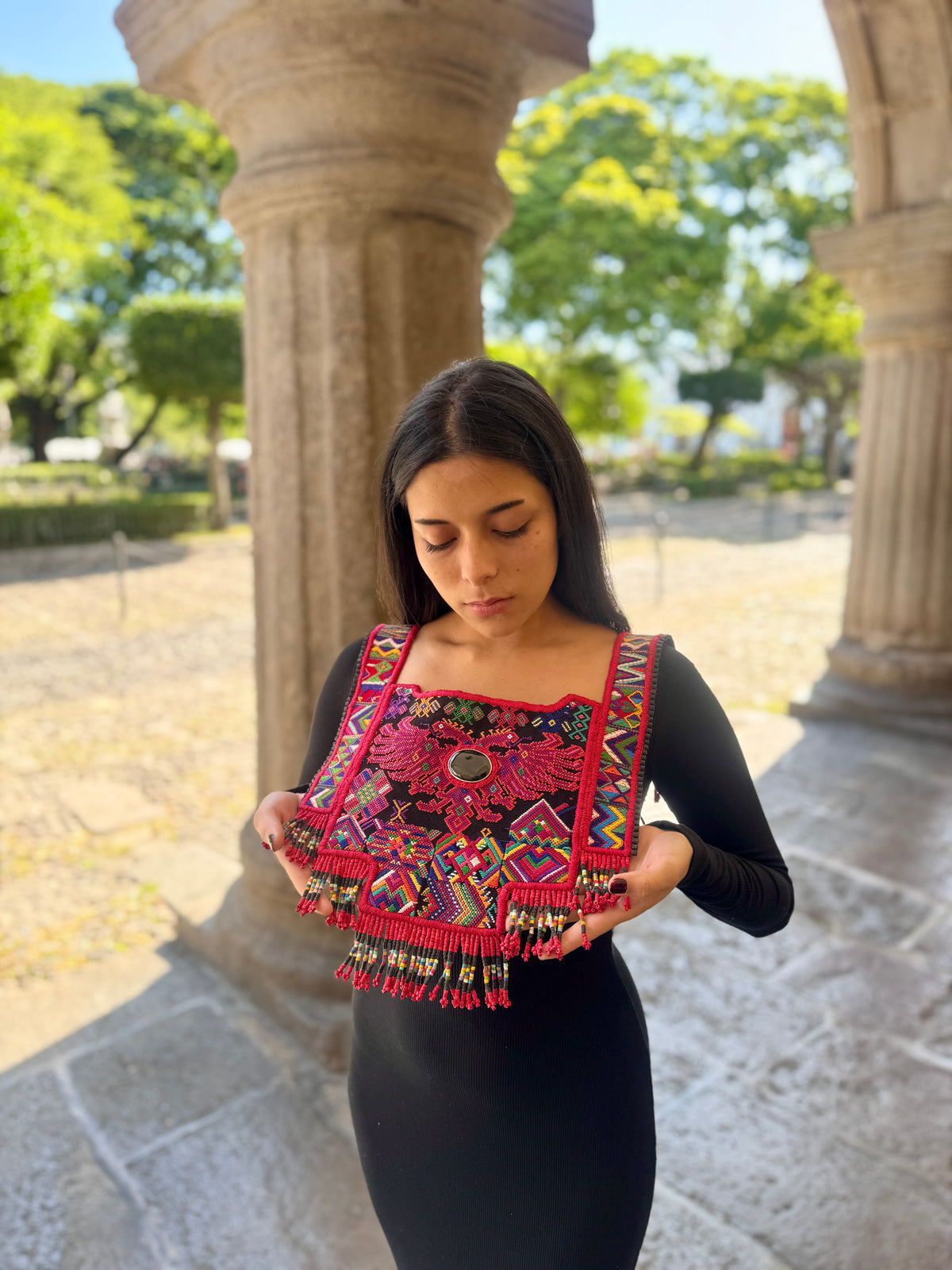 Chichicastenango Woven Textile Poncho with Black Jade