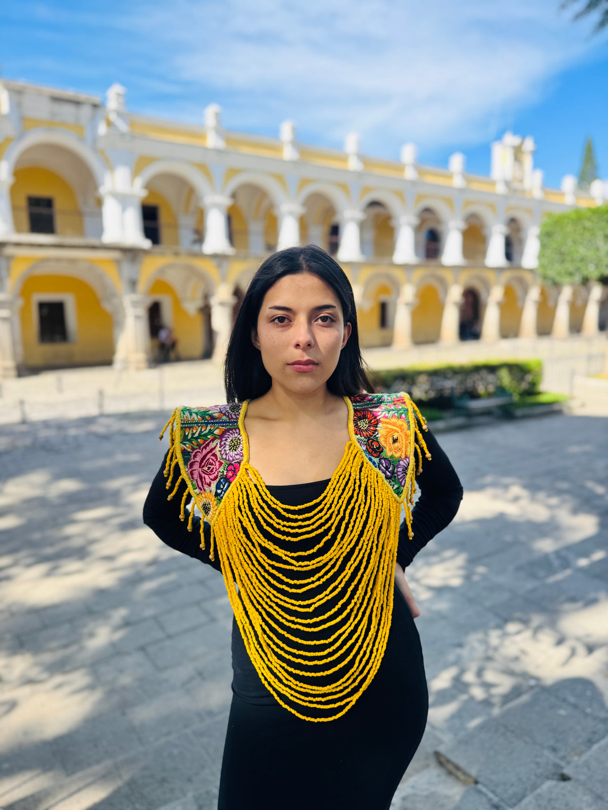 Shoulder Cape with Draped Beads - Huipil Capa Flores de Oro