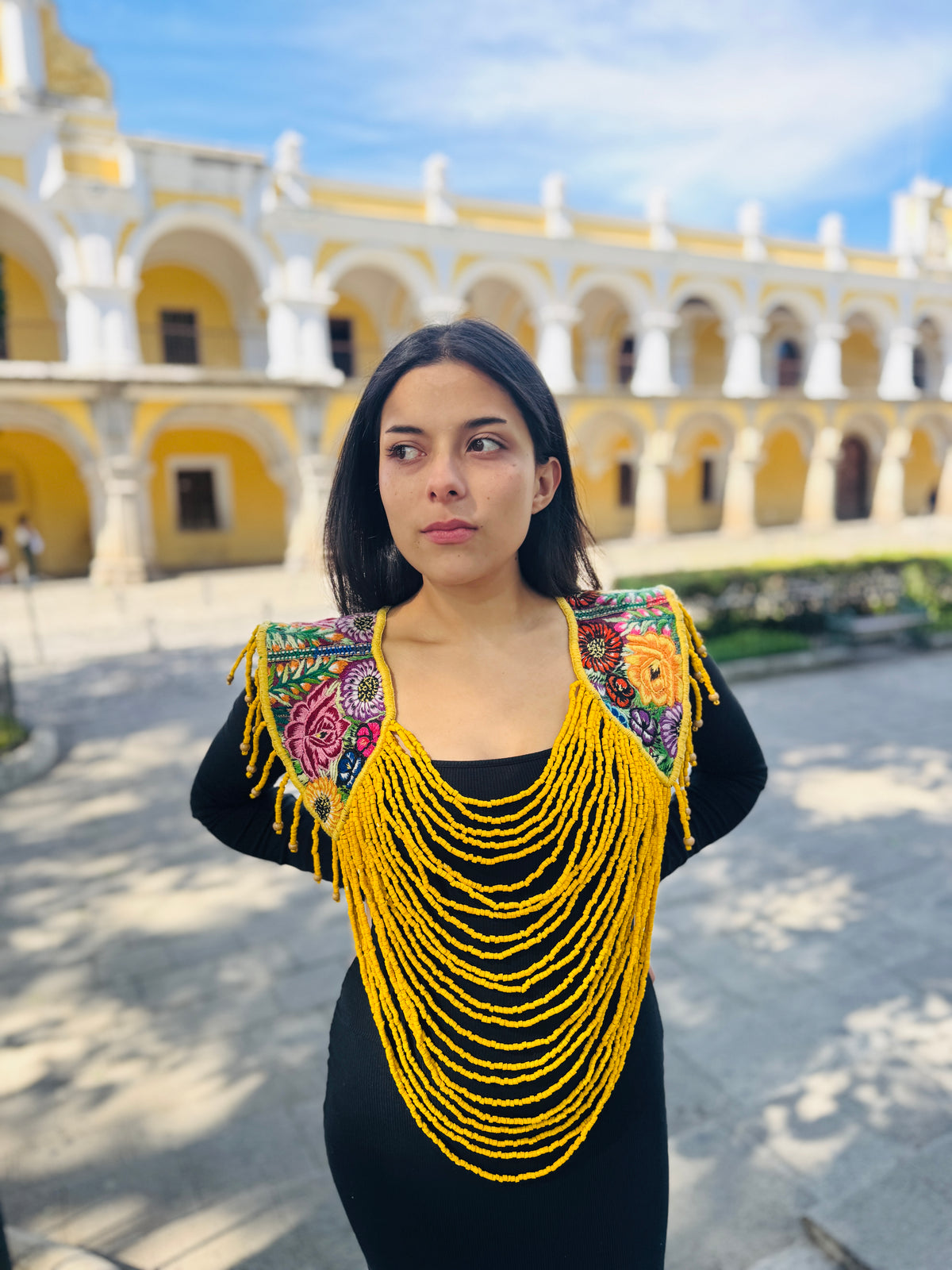 Shoulder Cape with Draped Beads - Huipil Capa Flores de Oro