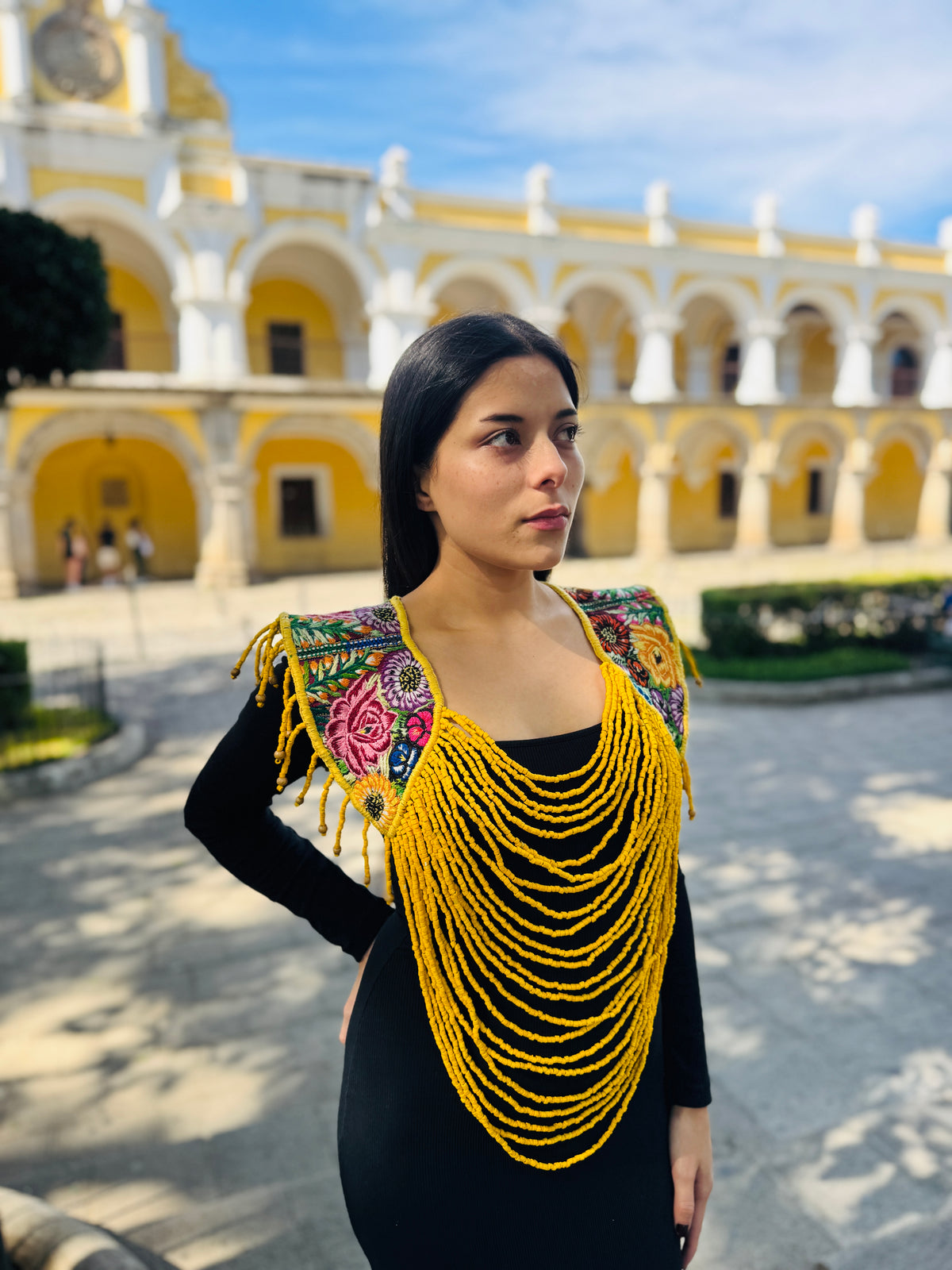 Shoulder Cape with Draped Beads - Huipil Capa Flores de Oro