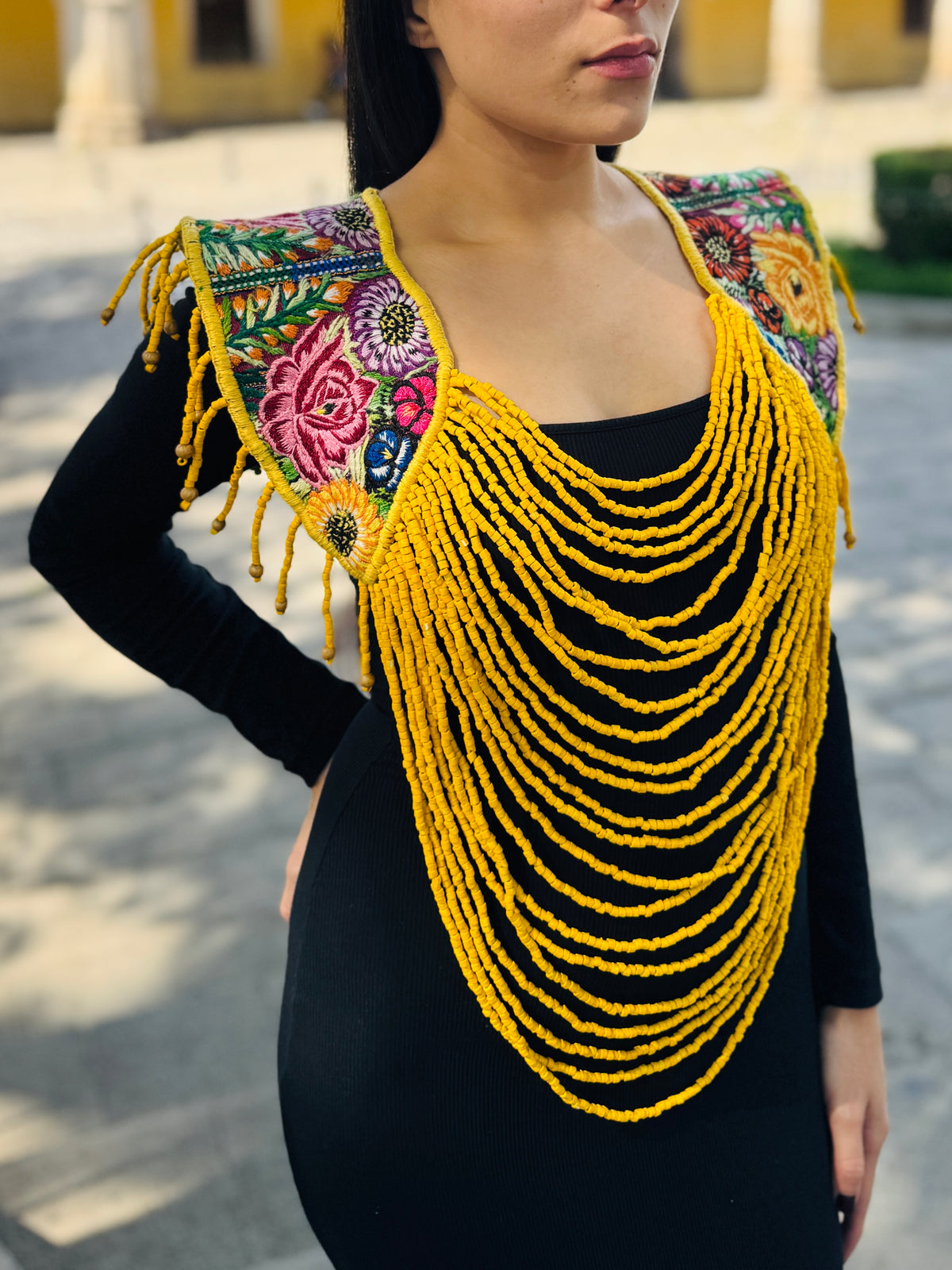 Shoulder Cape with Draped Beads - Huipil Capa Flores de Oro