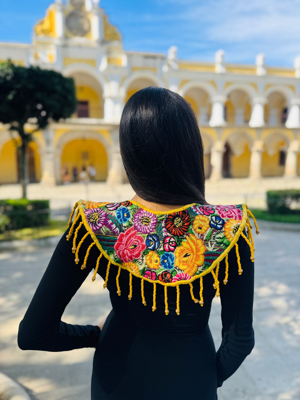 Shoulder Cape with Draped Beads - Huipil Capa Flores de Oro