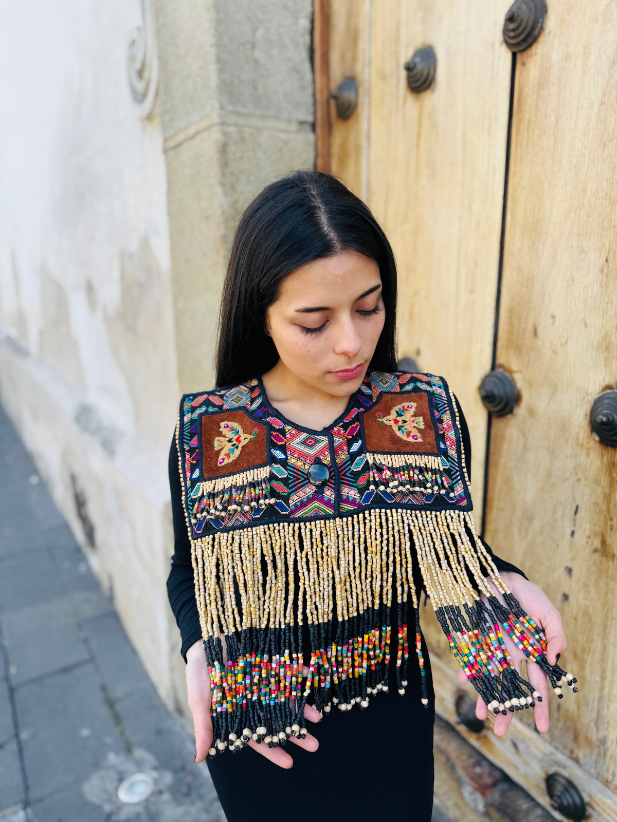 Ceremonial Fringe Poncho with Black Jade - Alas del Cielo