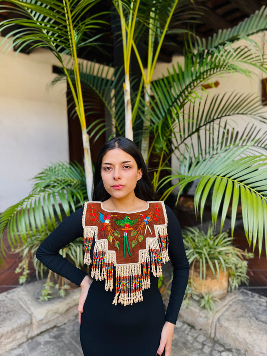 Embroidered Ceremonial Poncho Wearable Art from Santiago Atitlán - Vuelo de Quetzal
