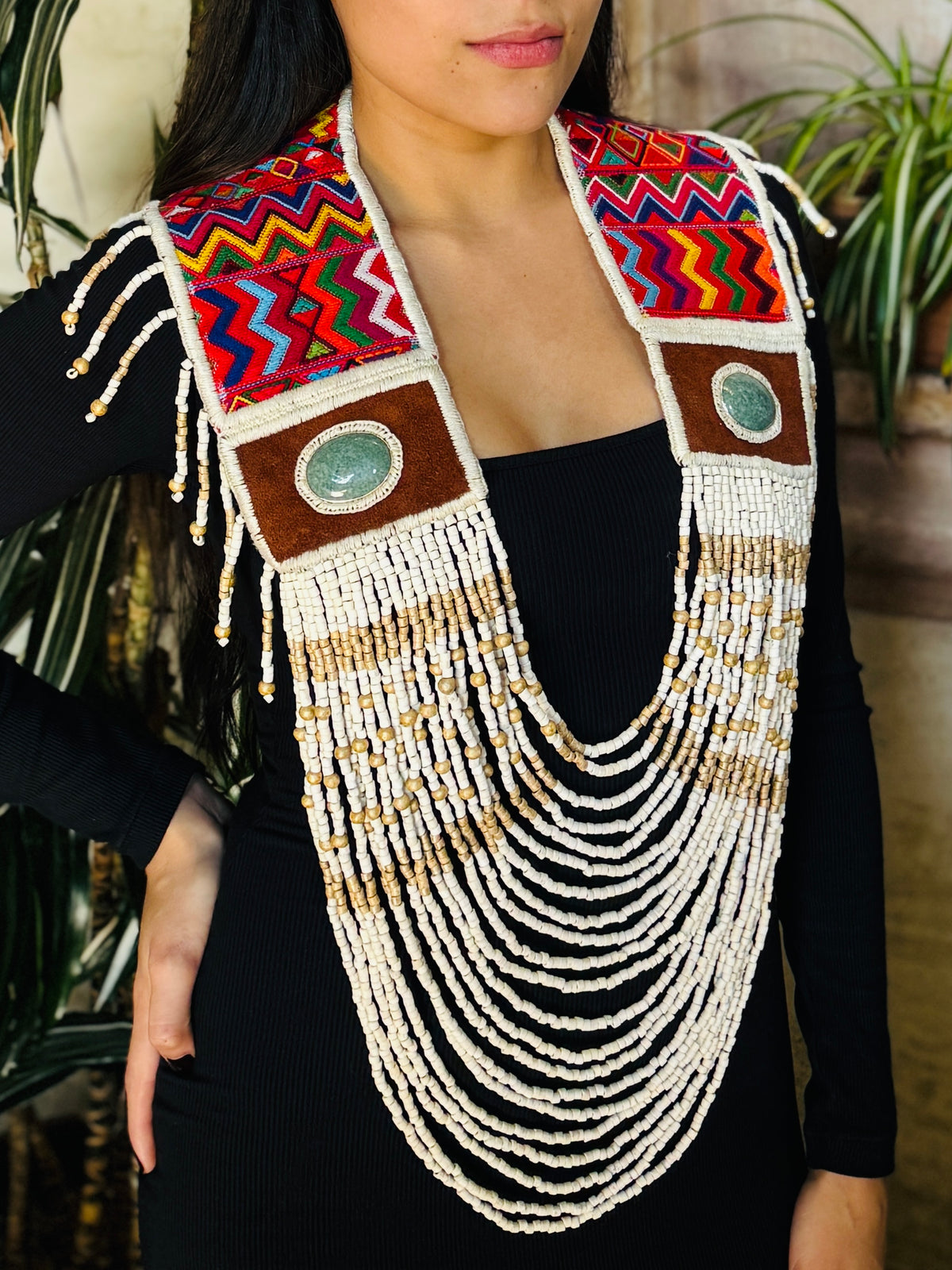 Ceremonial Shoulder Piece with Jade Stones and Ceramic Beads - Sacred Ivory