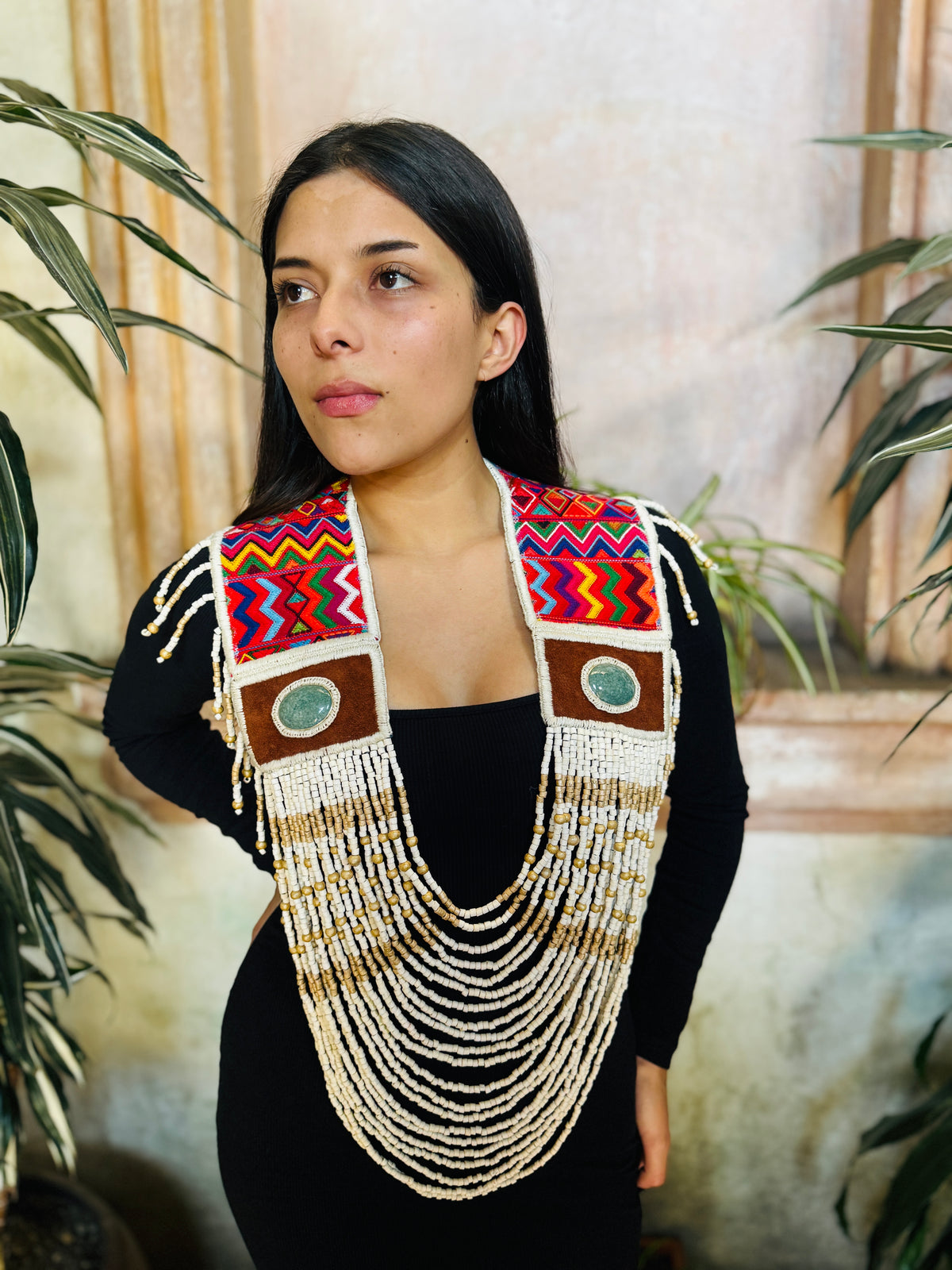 Ceremonial Shoulder Piece with Jade Stones and Ceramic Beads - Sacred Ivory
