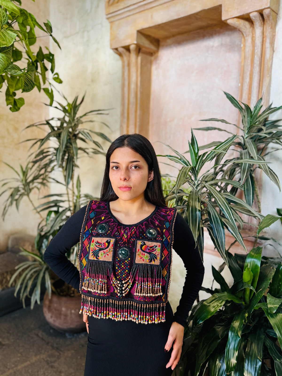 Ceremonial Poncho with Jade & Vintage Huipil - Alas del Cosmos