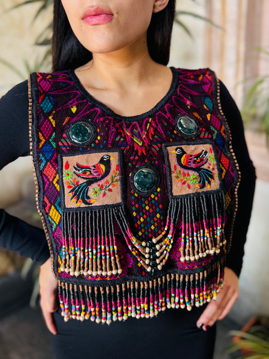 Ceremonial Poncho with Jade & Vintage Huipil - Alas del Cosmos