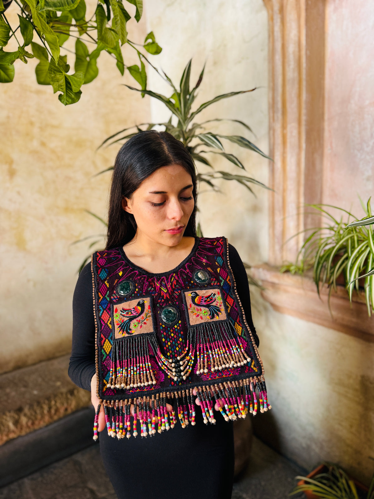 Ceremonial Poncho with Jade & Vintage Huipil - Alas del Cosmos