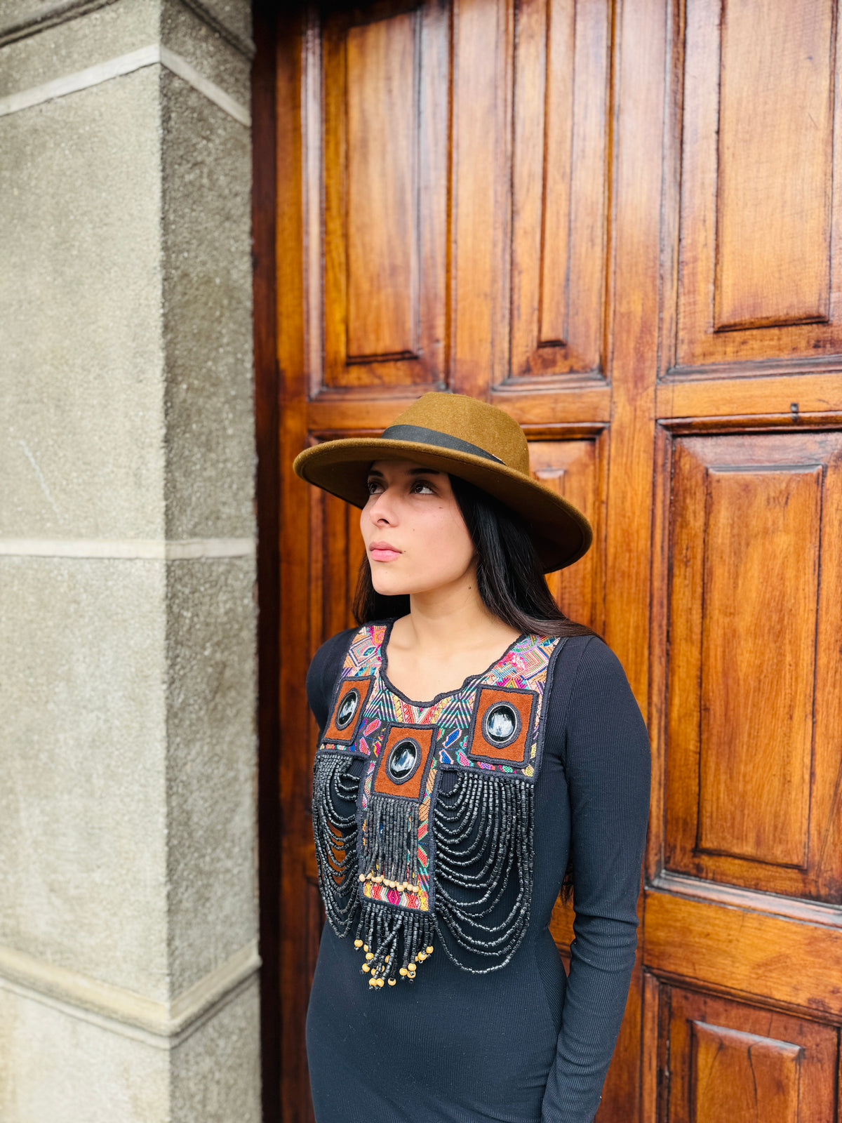 Beaded Tabard Poncho with Traditional Textile & Jade - Universo Nocturno