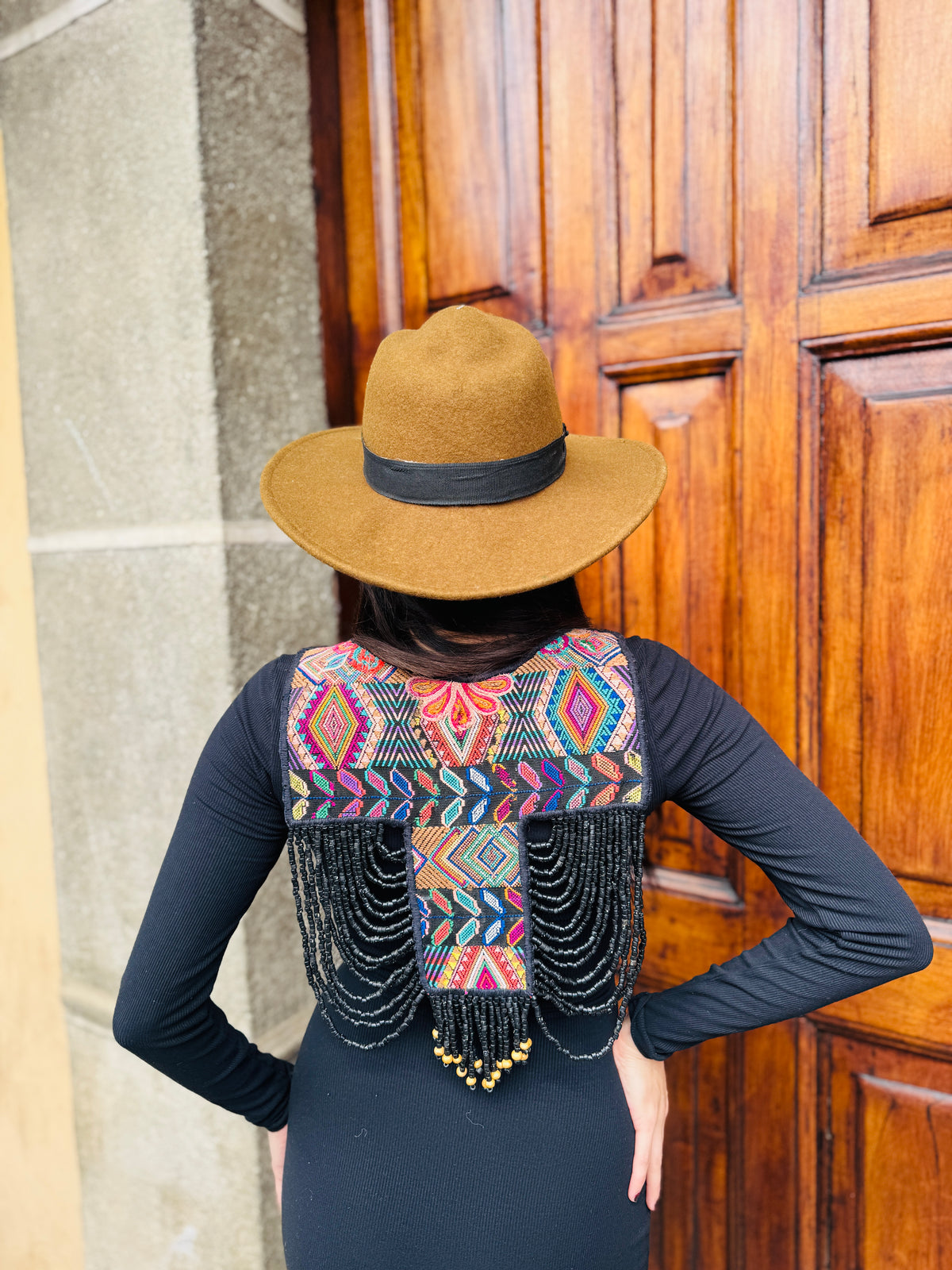 Beaded Tabard Poncho with Traditional Textile & Jade - Universo Nocturno