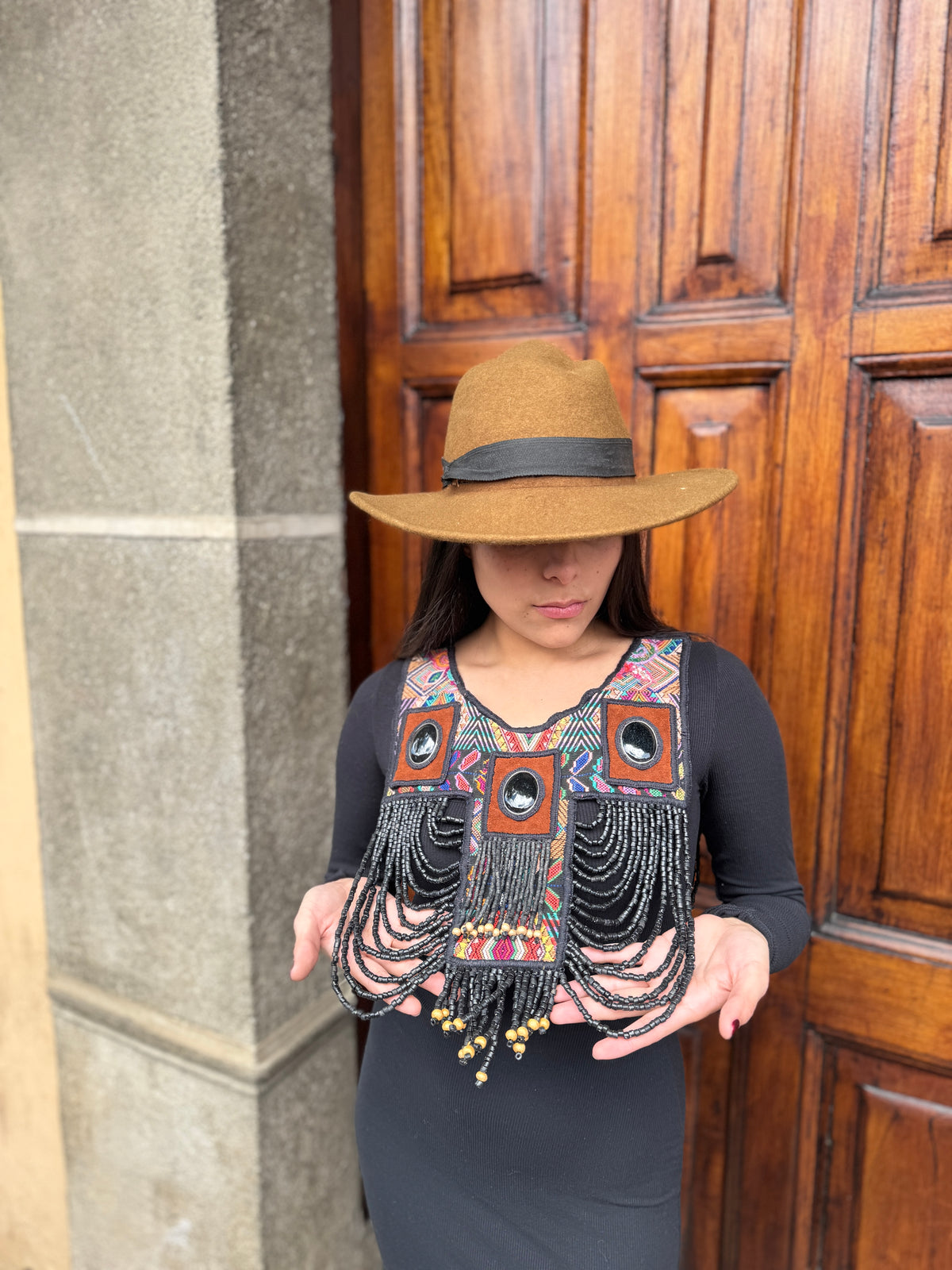Beaded Tabard Poncho with Traditional Textile & Jade - Universo Nocturno