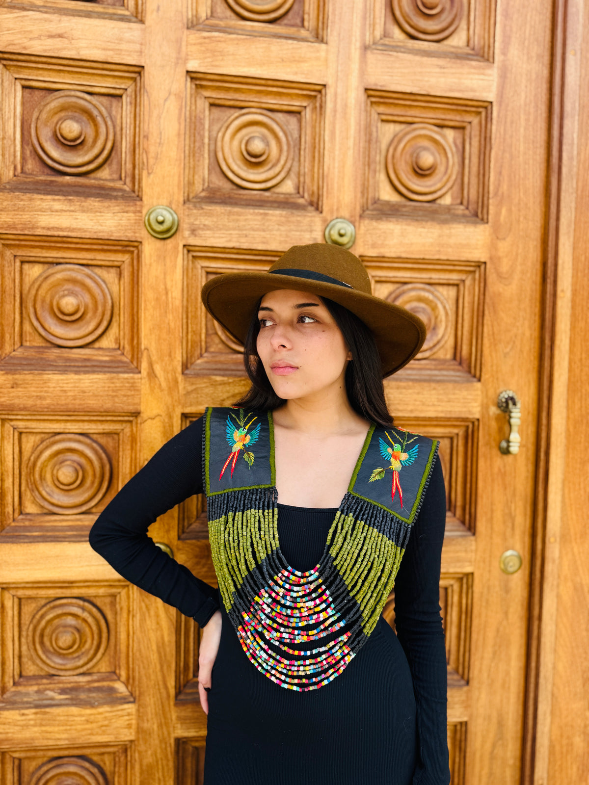 Ceremonial Shoulder Piece with Embroidered Birds and Flowers - Olive Birds